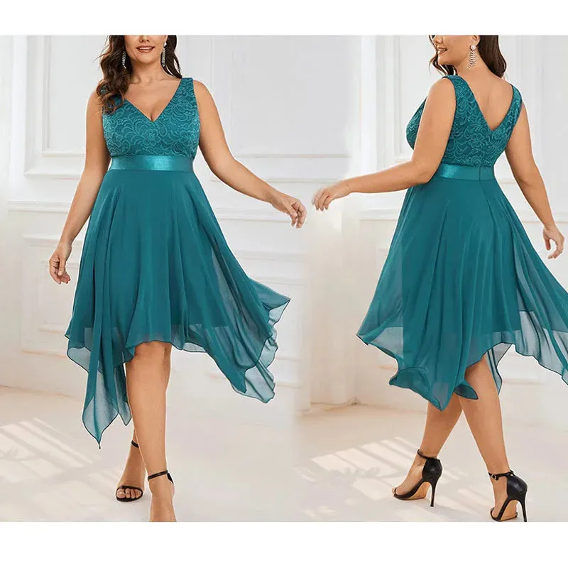 Elegant Plus Size Lace Chiffon High Waist Dress