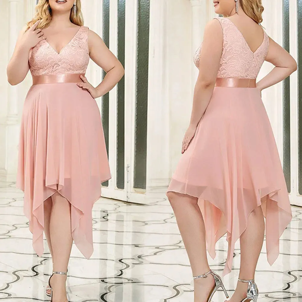 Elegant Plus Size Lace Chiffon High Waist Dress