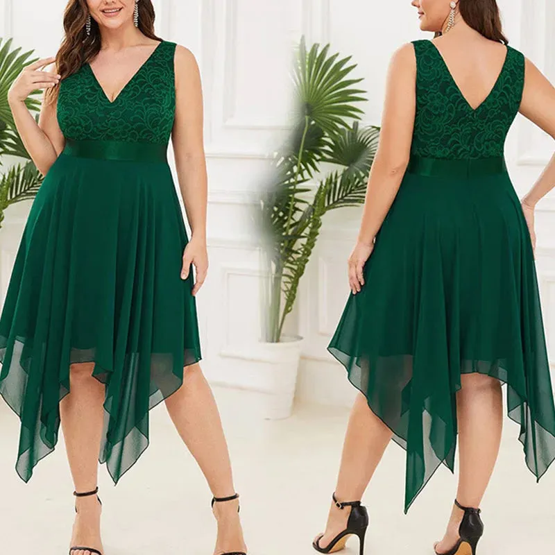Elegant Plus Size Lace Chiffon High Waist Dress