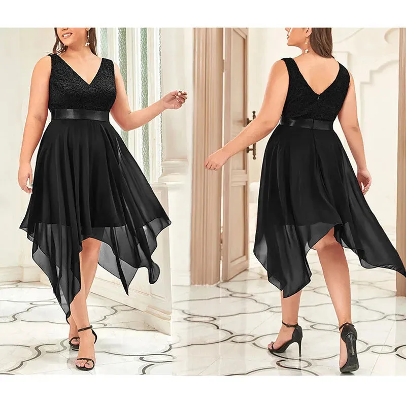 Elegant Plus Size Lace Chiffon High Waist Dress