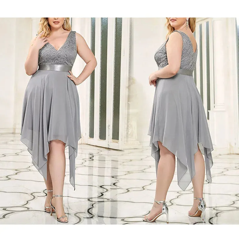 Elegant Plus Size Lace Chiffon High Waist Dress