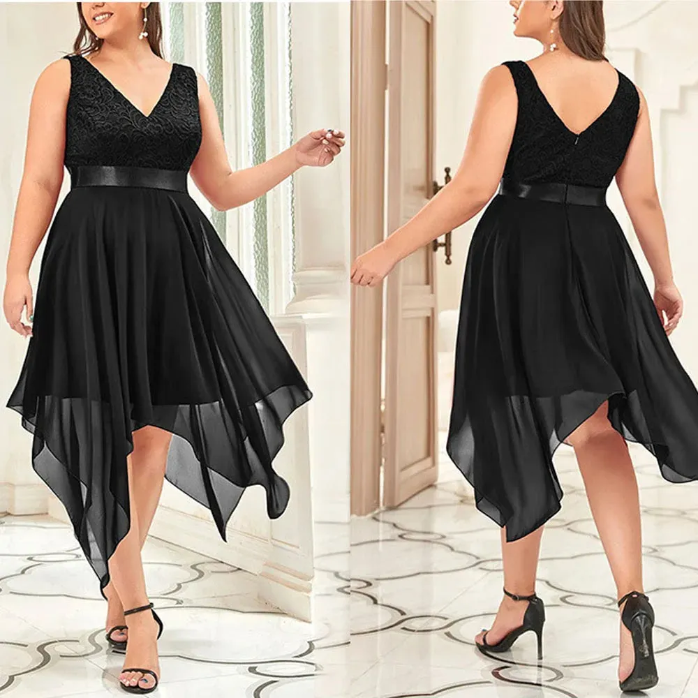 Elegant Plus Size Lace Chiffon High Waist Dress