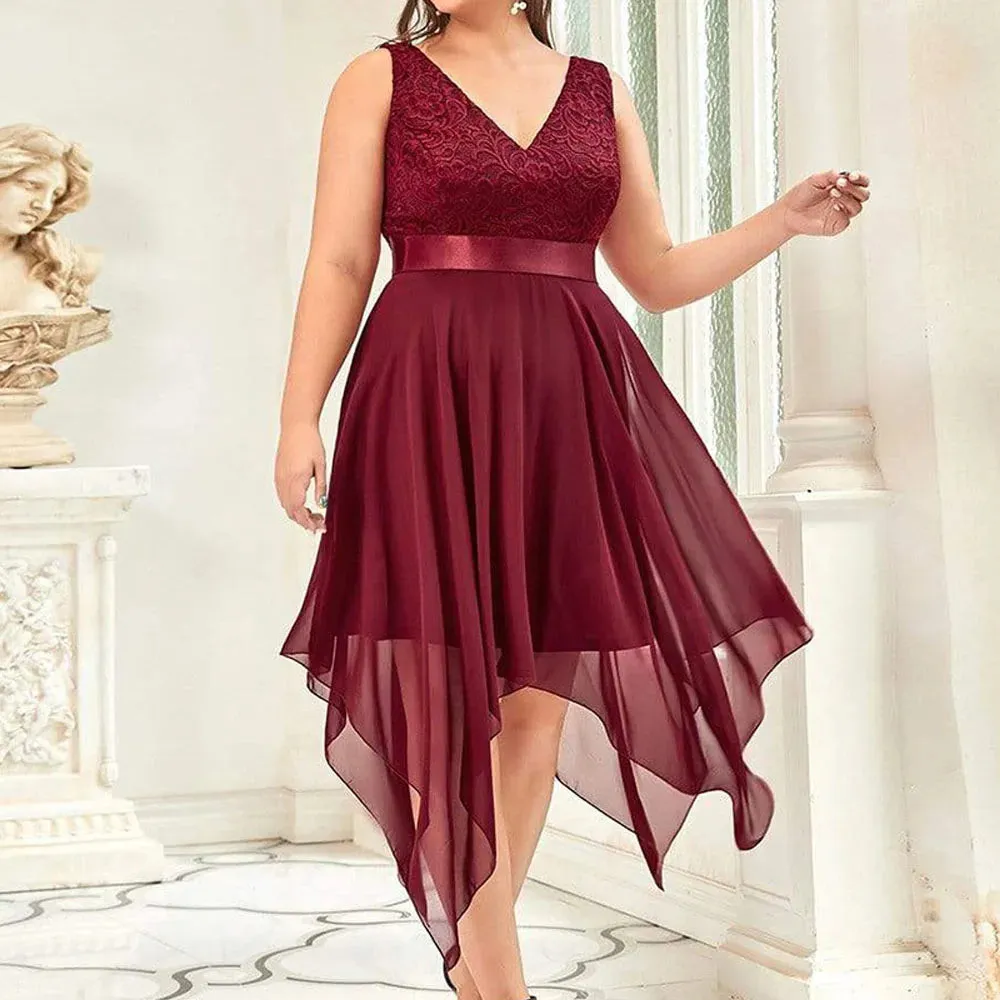 Elegant Plus Size Lace Chiffon High Waist Dress