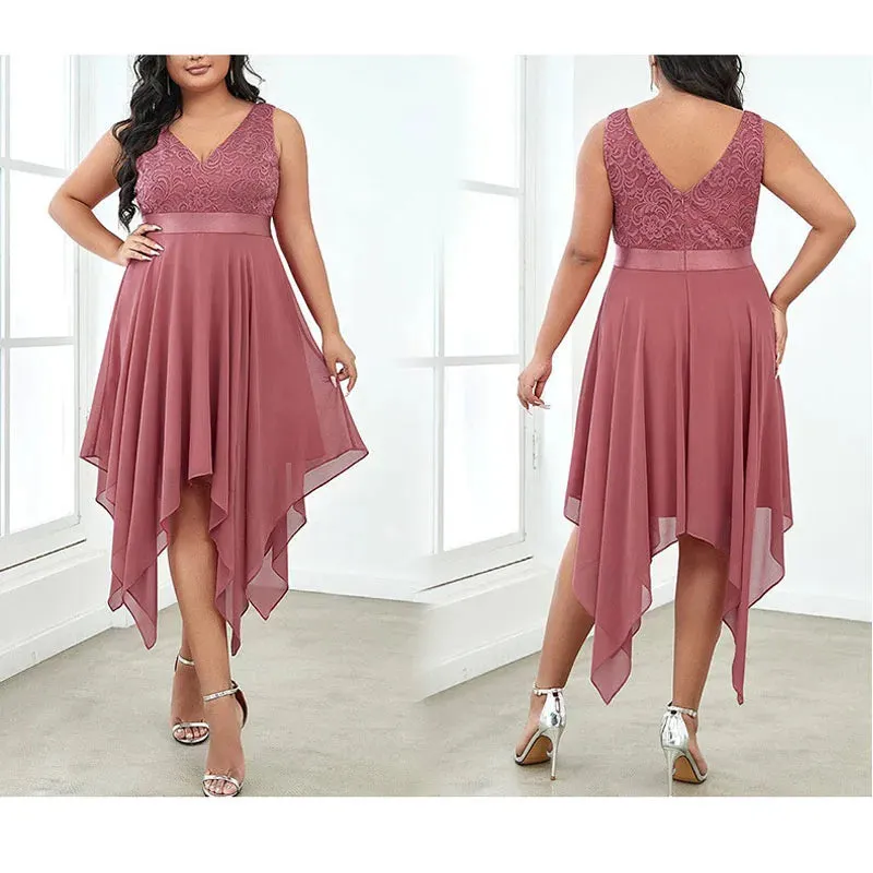 Elegant Plus Size Lace Chiffon High Waist Dress