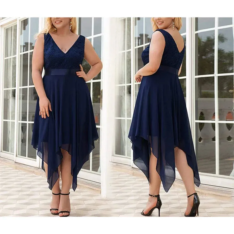 Elegant Plus Size Lace Chiffon High Waist Dress