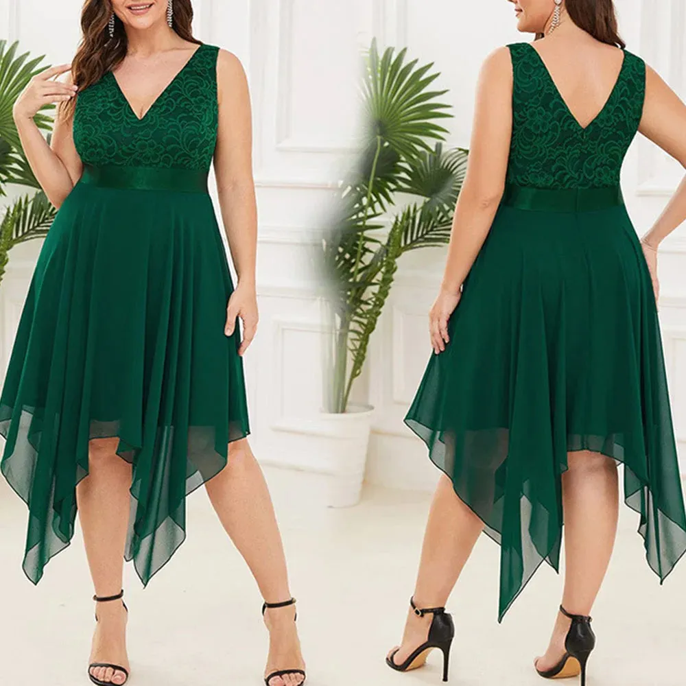 Elegant Plus Size Lace Chiffon High Waist Dress