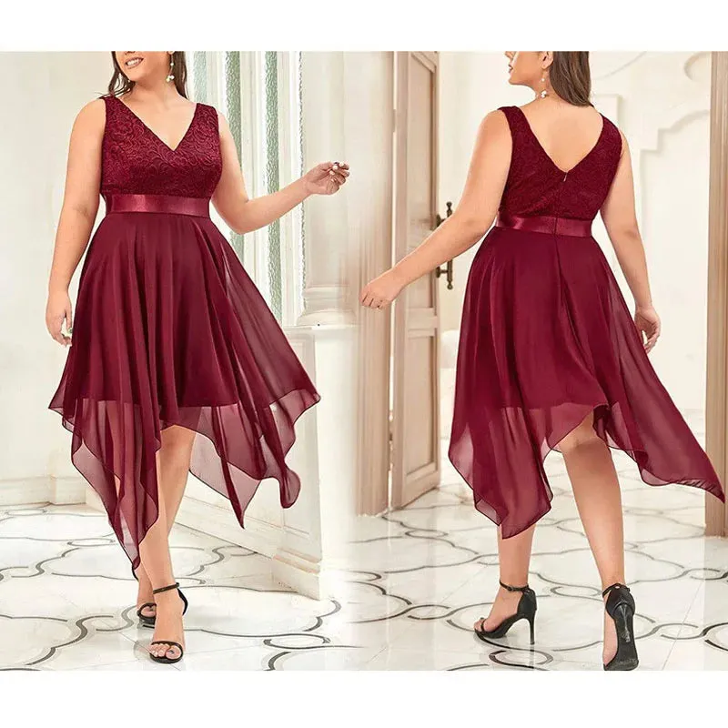 Elegant Plus Size Lace Chiffon High Waist Dress