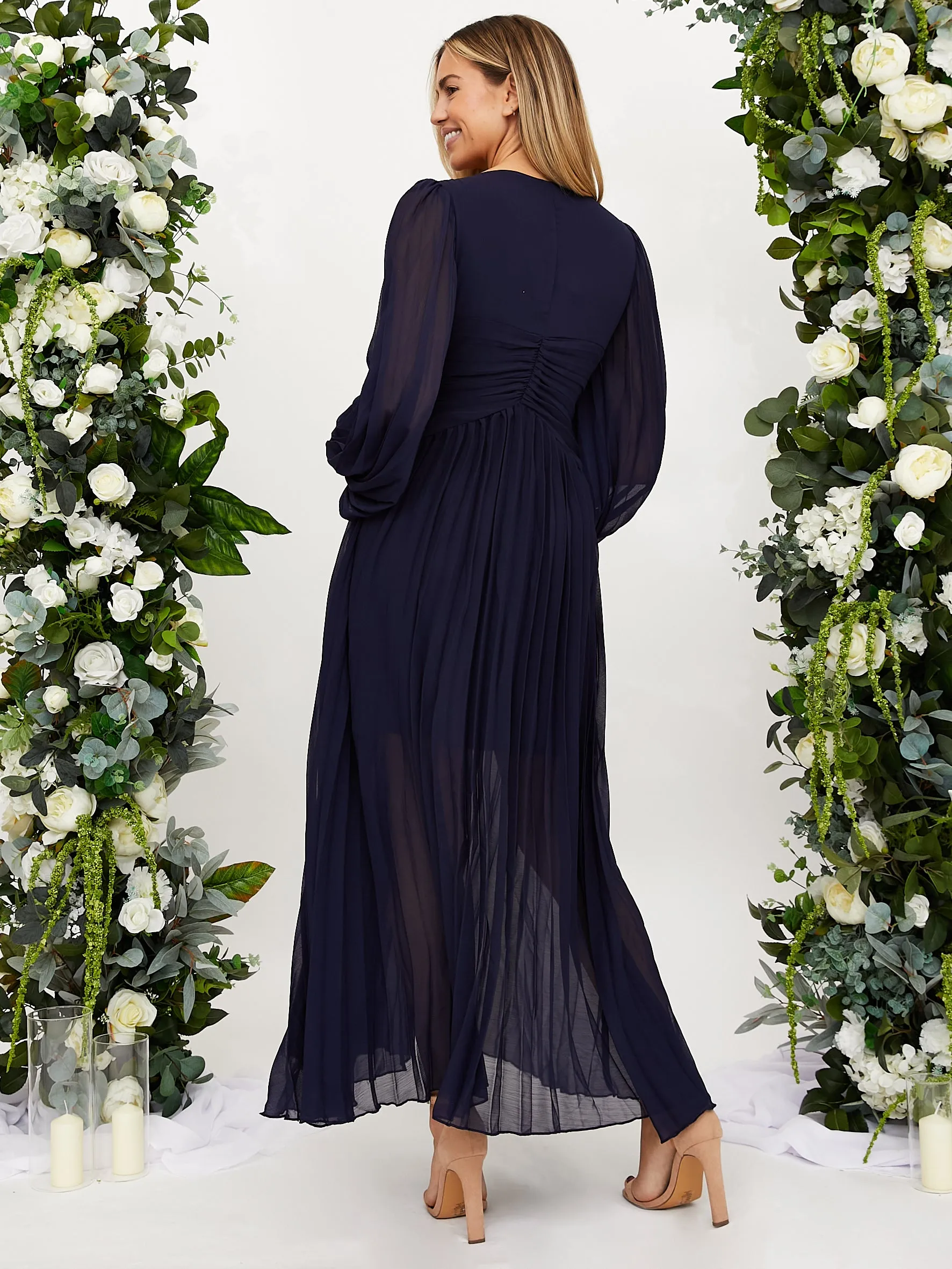 Toni Long Sleeved Pleated Maxi Dress / Navy Easy Draping