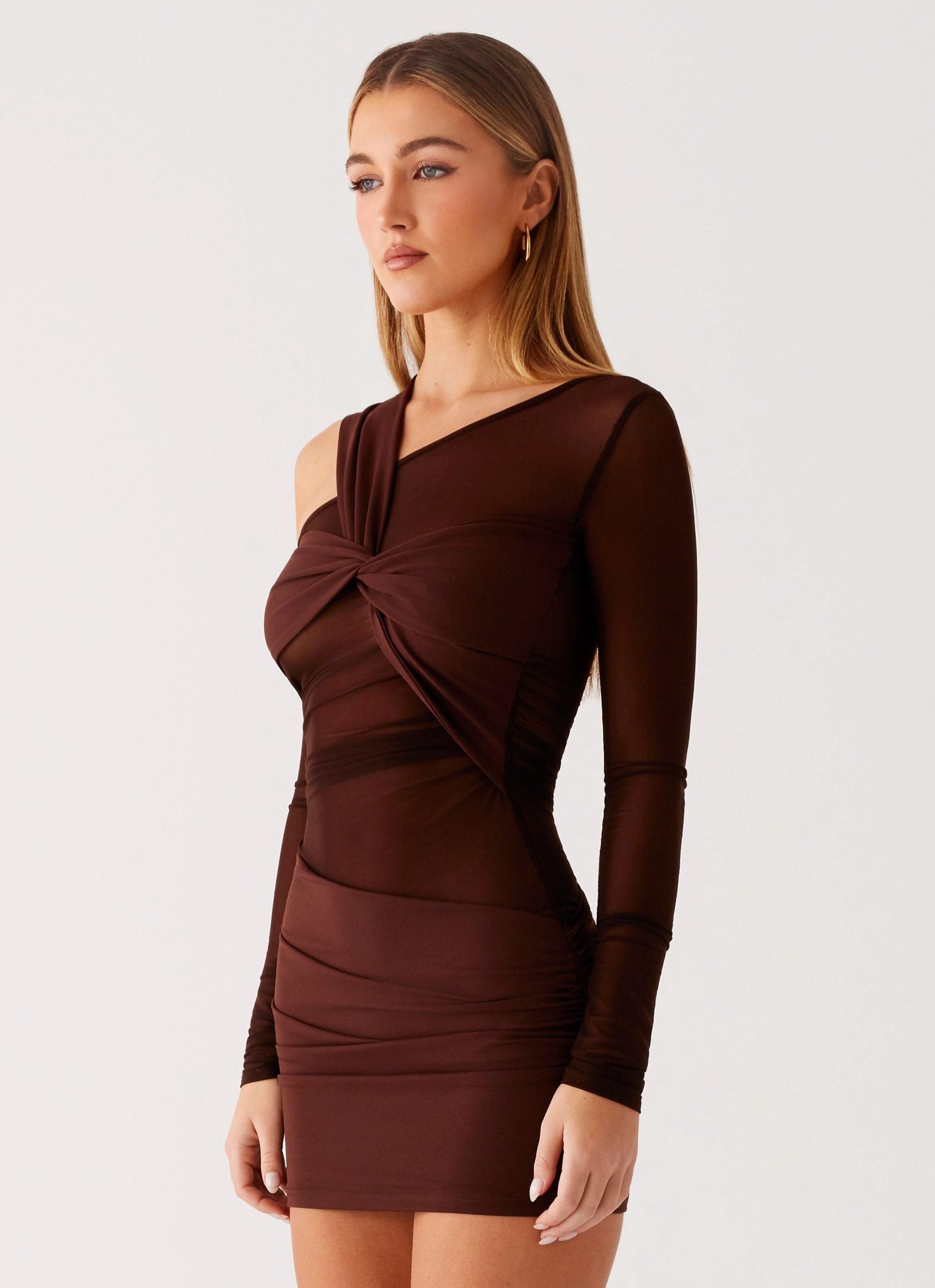 Ophelie Asymmetric Long Sleeve Mini Dress - Chocolate Ceremony Ready
