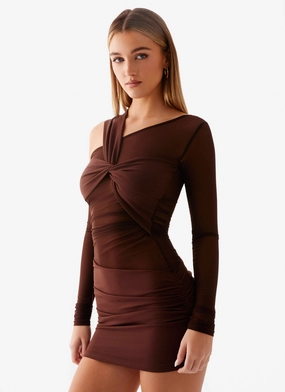 Upgrade-Option Belt Waist Ophelie Asymmetric Long Sleeve Mini Dress - Chocolate