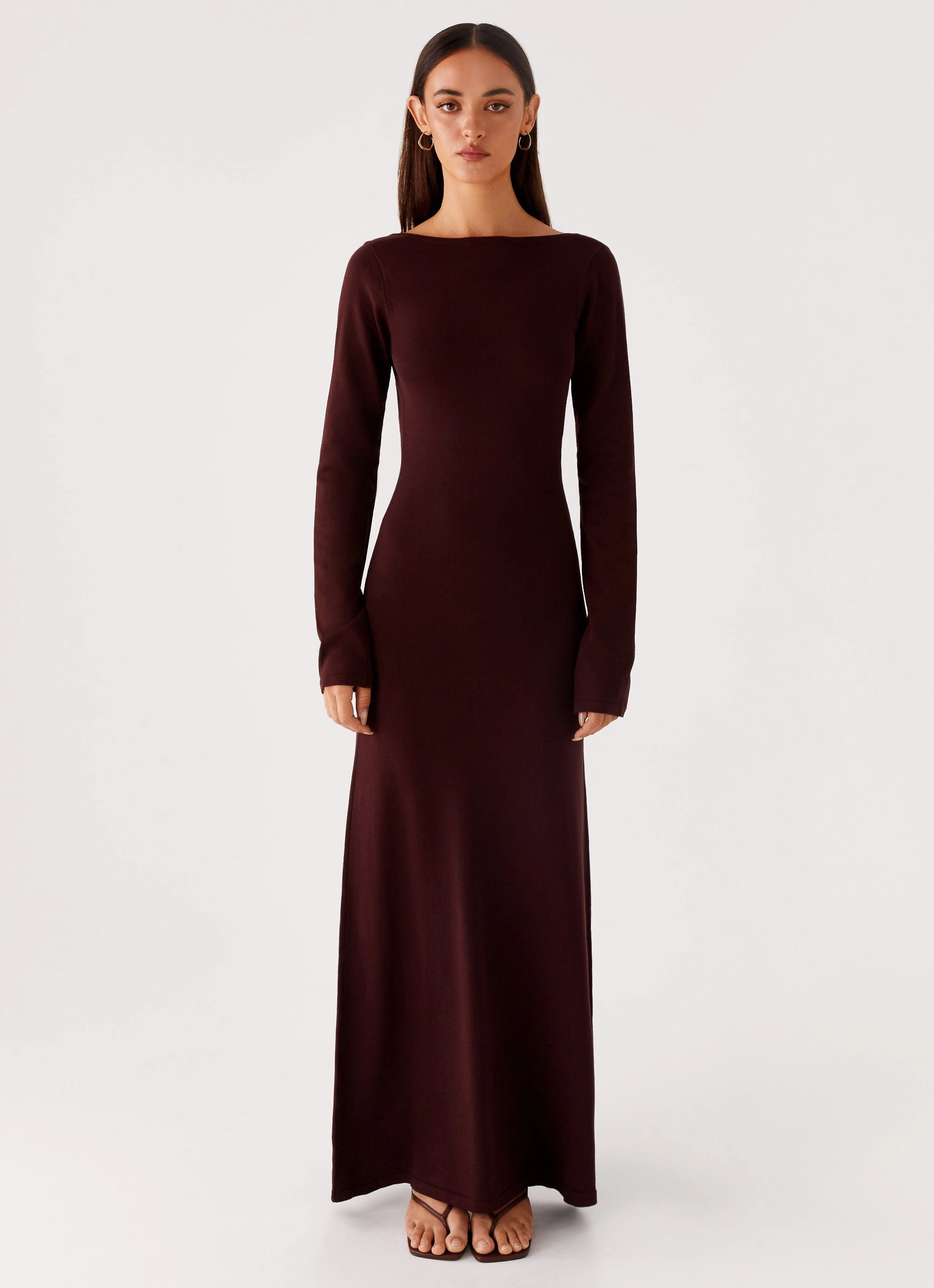 Smart Layer Wear Relaxed Waist Adora Long Sleeve Knit Maxi Dress - Chocolate