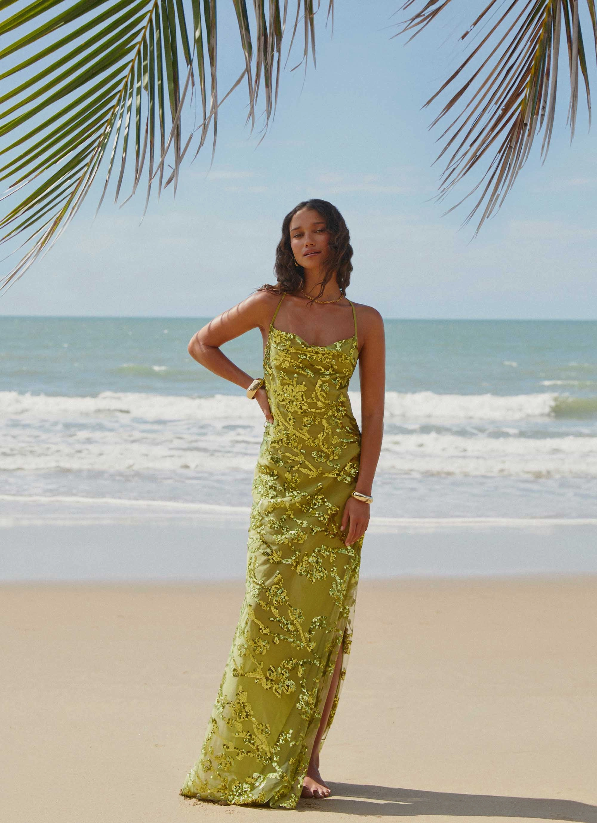 Havana Sequin Maxi Dress - Lime Comfort waistband polka-dot