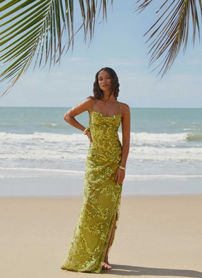 Elegant Appearance Havana Sequin Maxi Dress - Lime Havana Sequin Maxi Dress - Lime Comfort waistband polka-dot