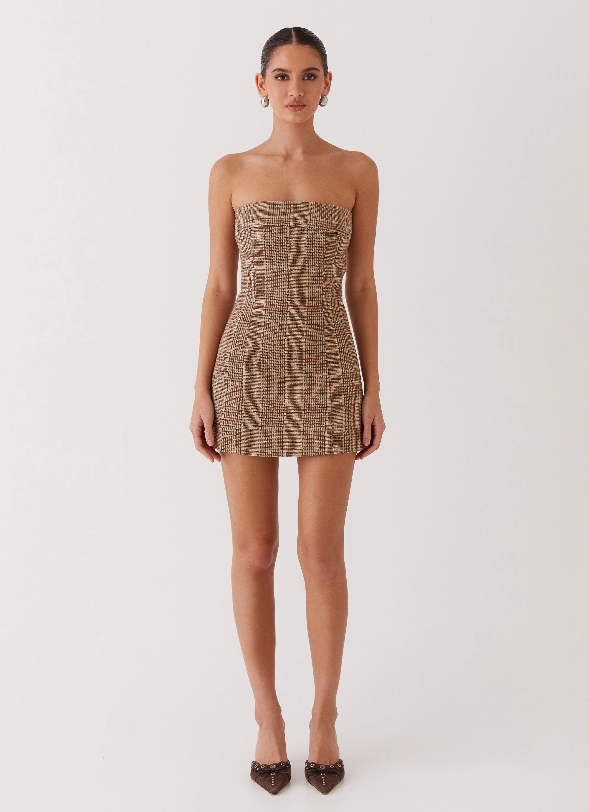 Vivenda Strapless Mini Dress - Brown Plaid Premium Material Soft Weave
