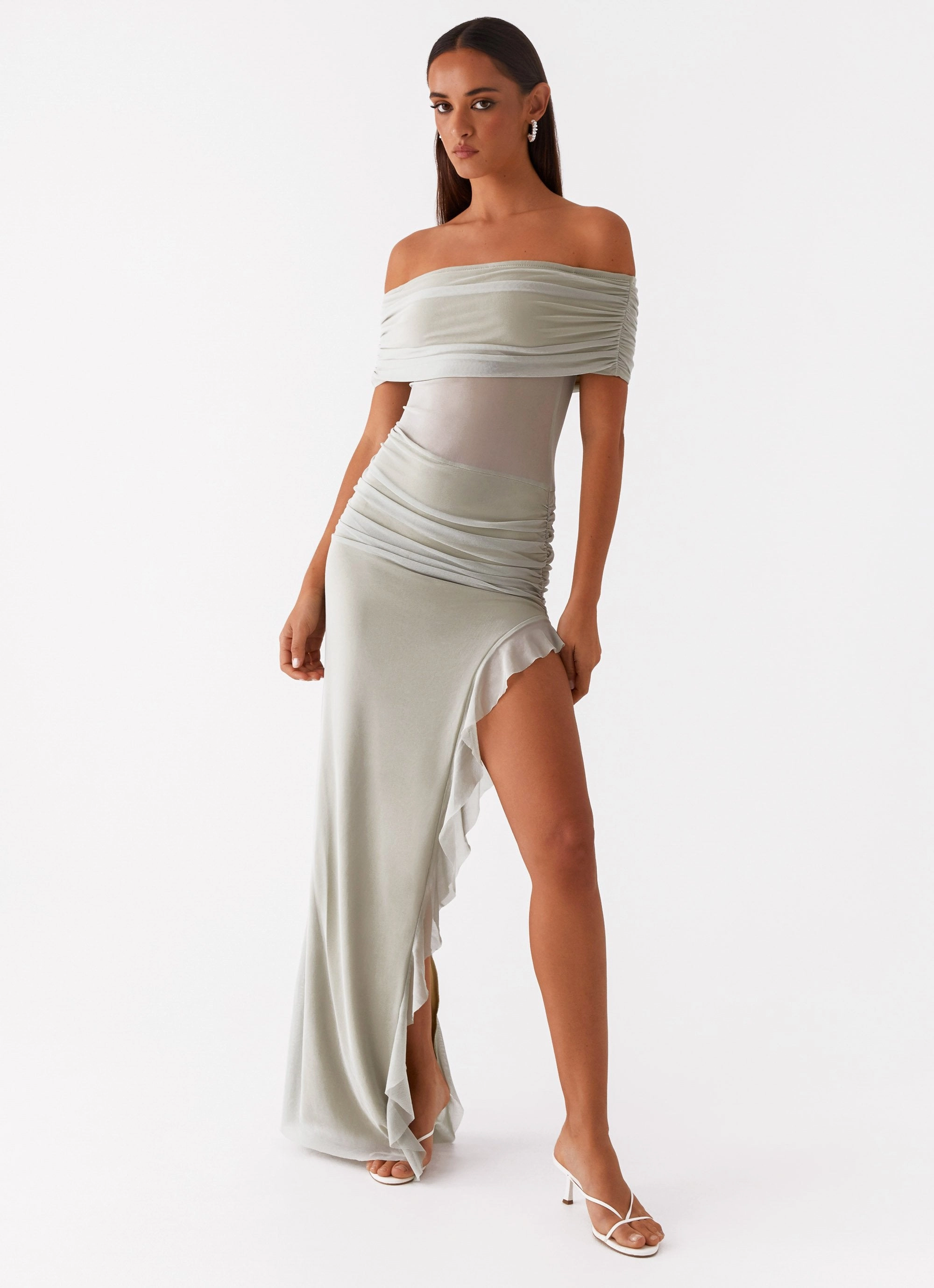 Nelly Off Shoulder Maxi Dress - Pistachio Pleated design Casual Days