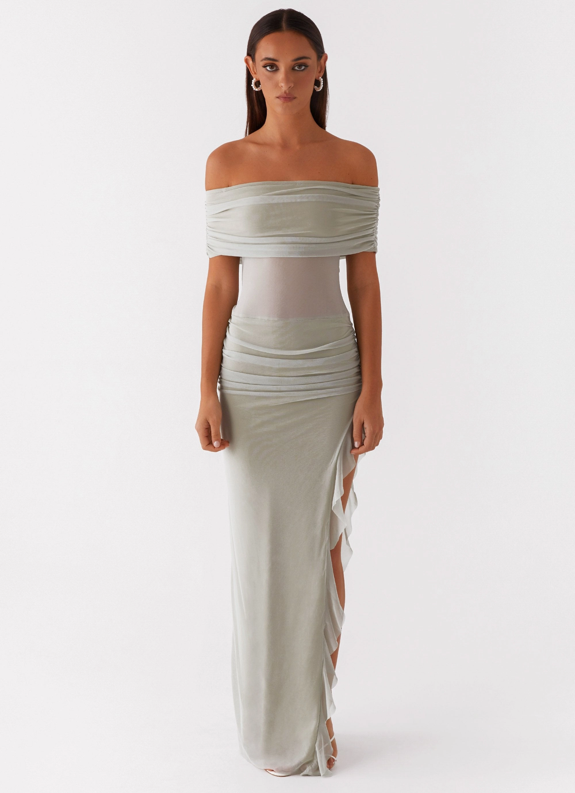 Nelly Off Shoulder Maxi Dress - Pistachio Art Event Bold Look