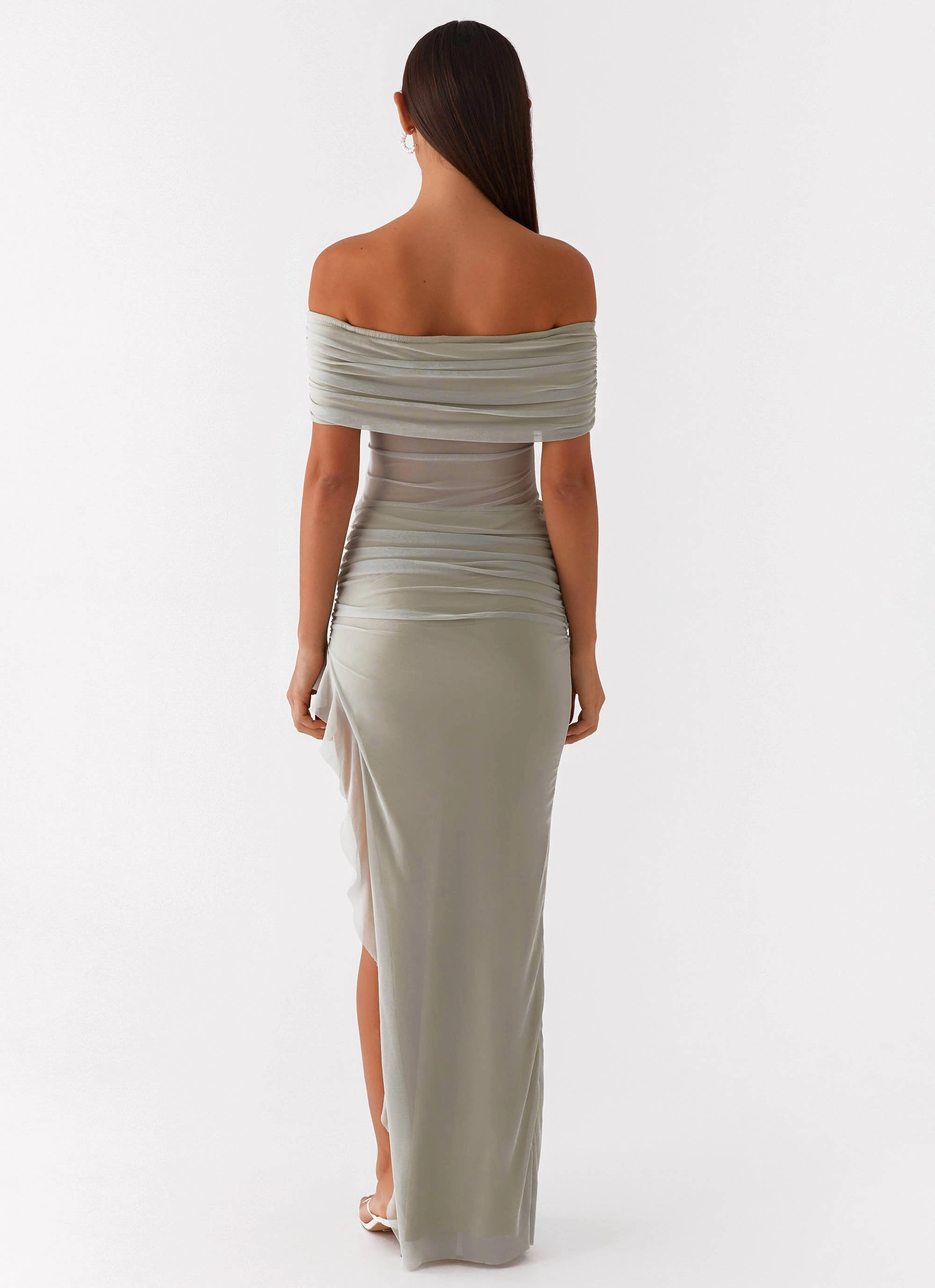Nelly Off Shoulder Maxi Dress - Pistachio Pleated-Skirt