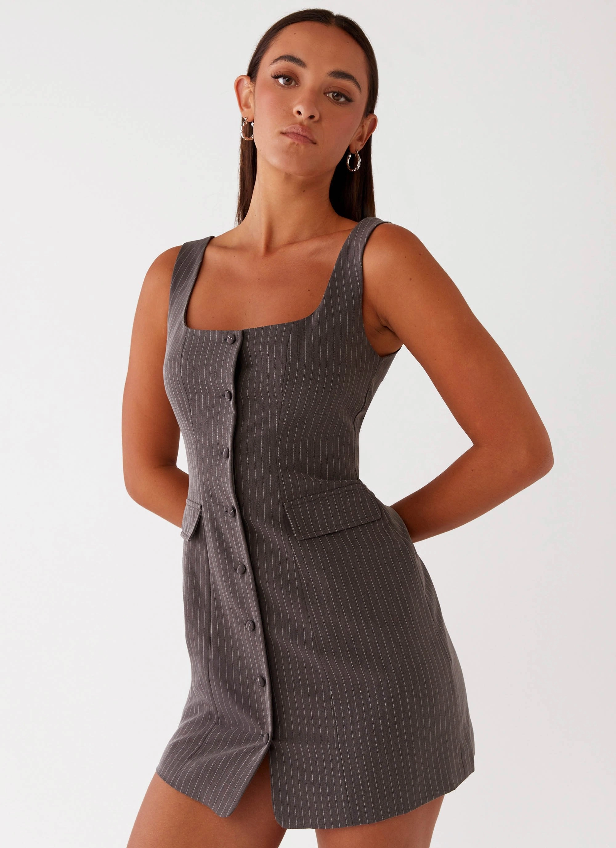 Westwood Mini Dress - Grey Pinstripe Lounge Moment Minimal Fit