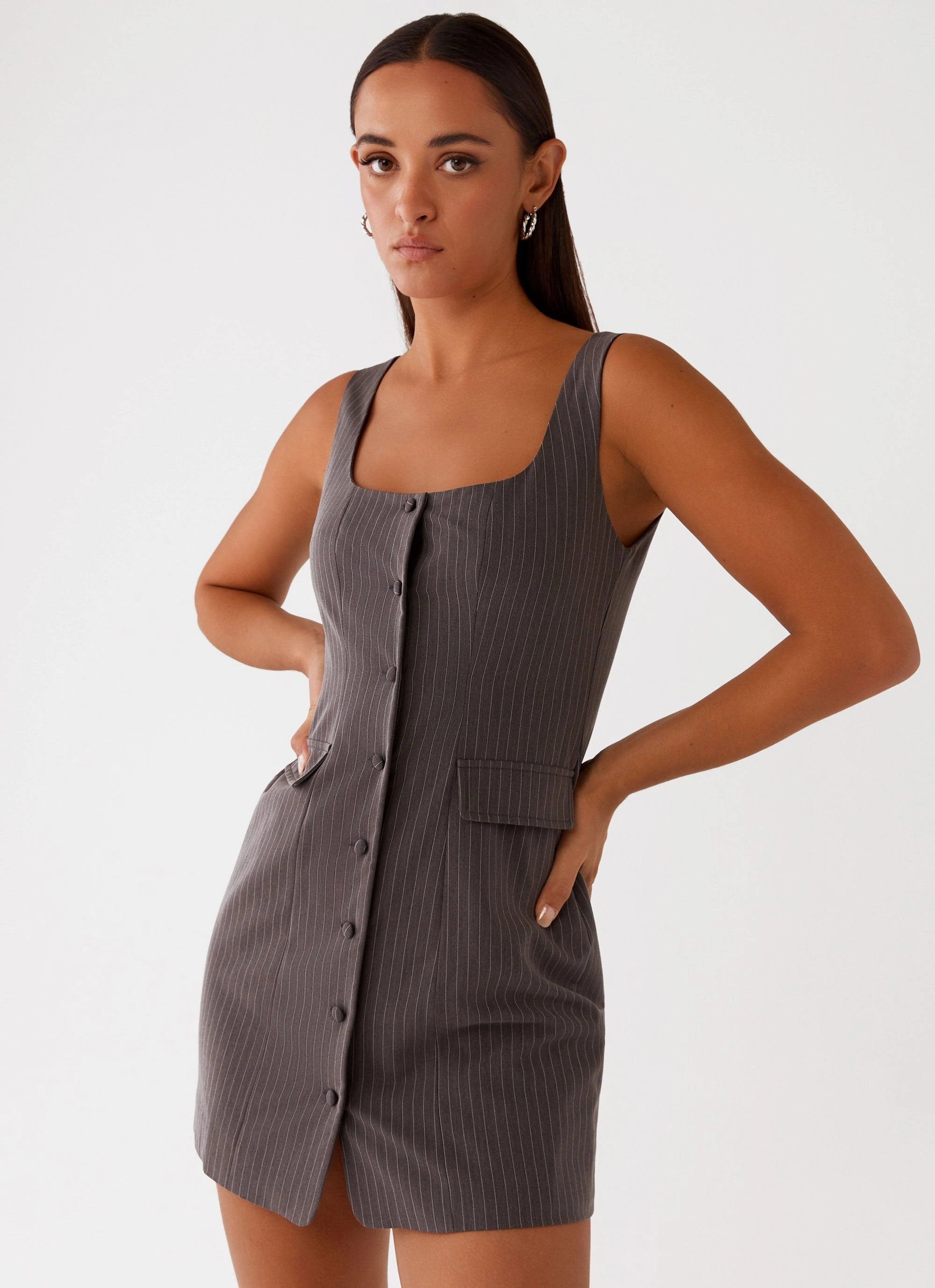 Westwood Mini Dress - Grey Pinstripe Flow Friendly
