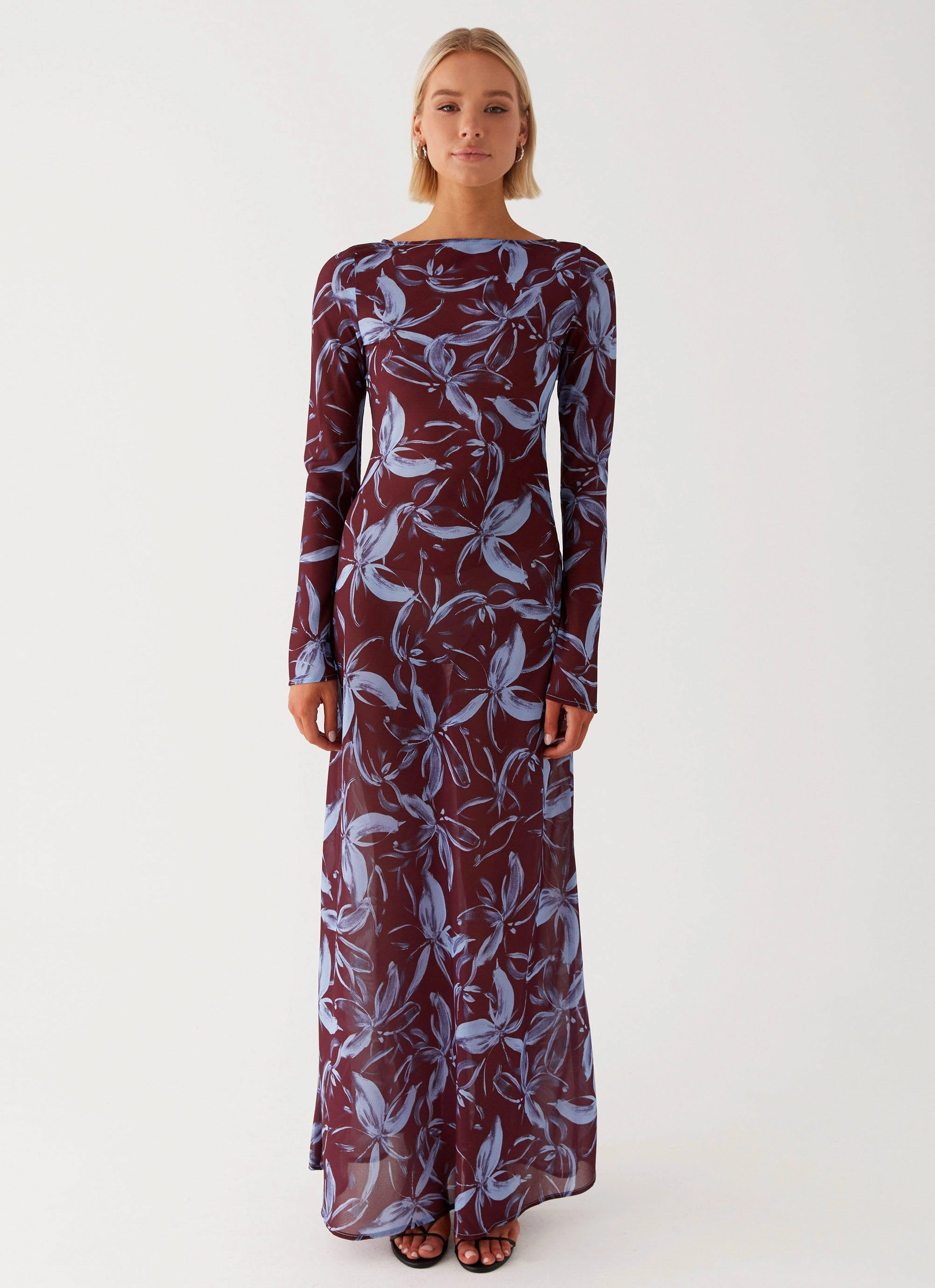 Lorde Maxi Dress - Brown Purple Floral Dress-Up Style Playful Cut