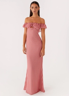 Elegant Silhouette Scarlet Cherry Maxi Dress - Red Gingham Scarlet Cherry Maxi Dress - Red Gingham Sophisticated Layers Empire Waist