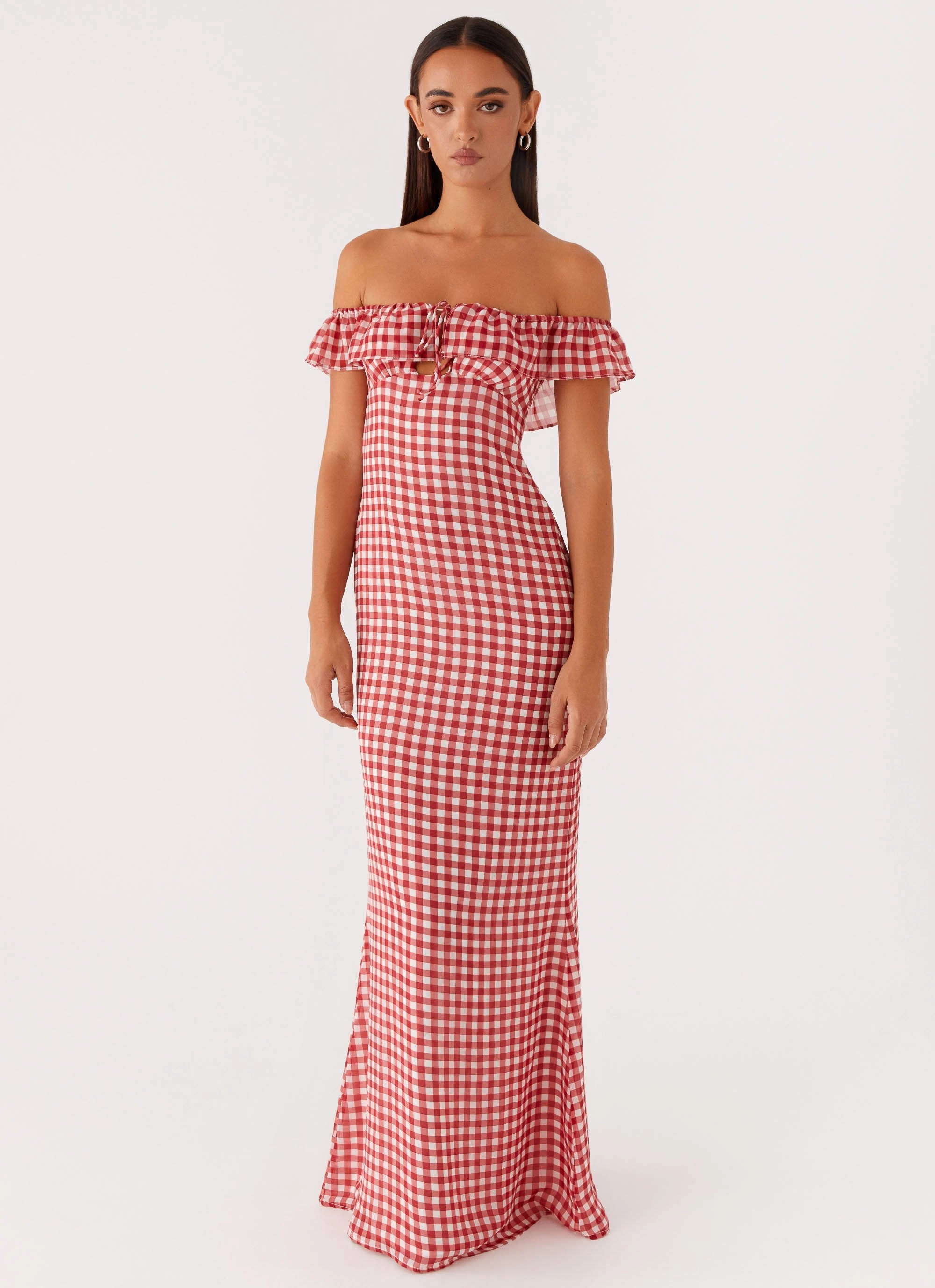 Scarlet Cherry Maxi Dress - Red Gingham Sophisticated Layers Empire Waist