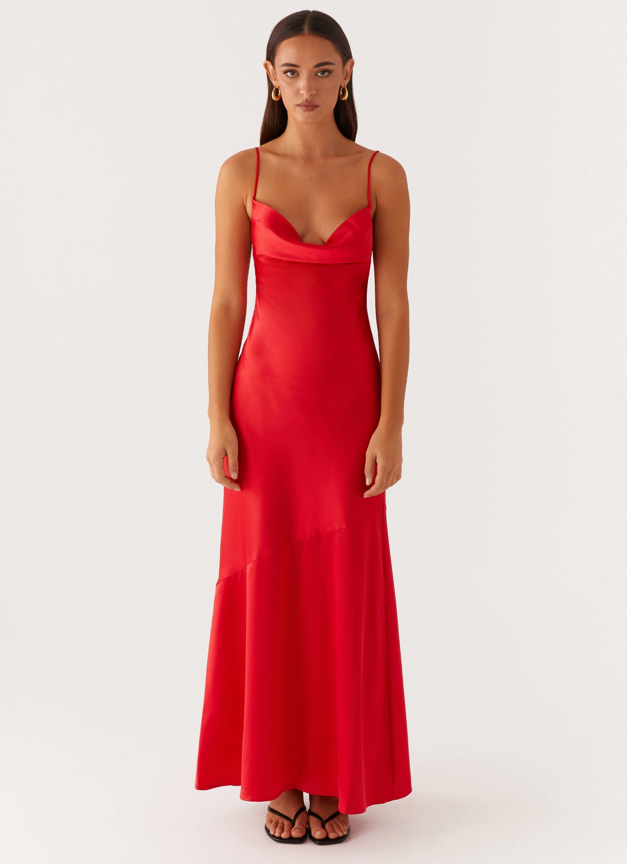 Capsule-Wardrobe Built-In-Slip Alianna Cowl Neck Satin Maxi Dress - Red
