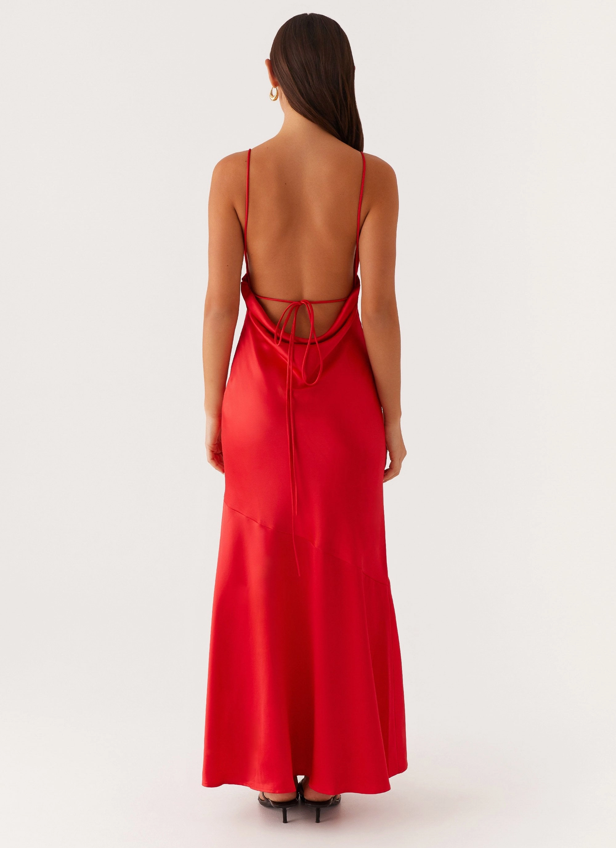 Alianna Cowl Neck Satin Maxi Dress - Red High Hemline Sharp Fit