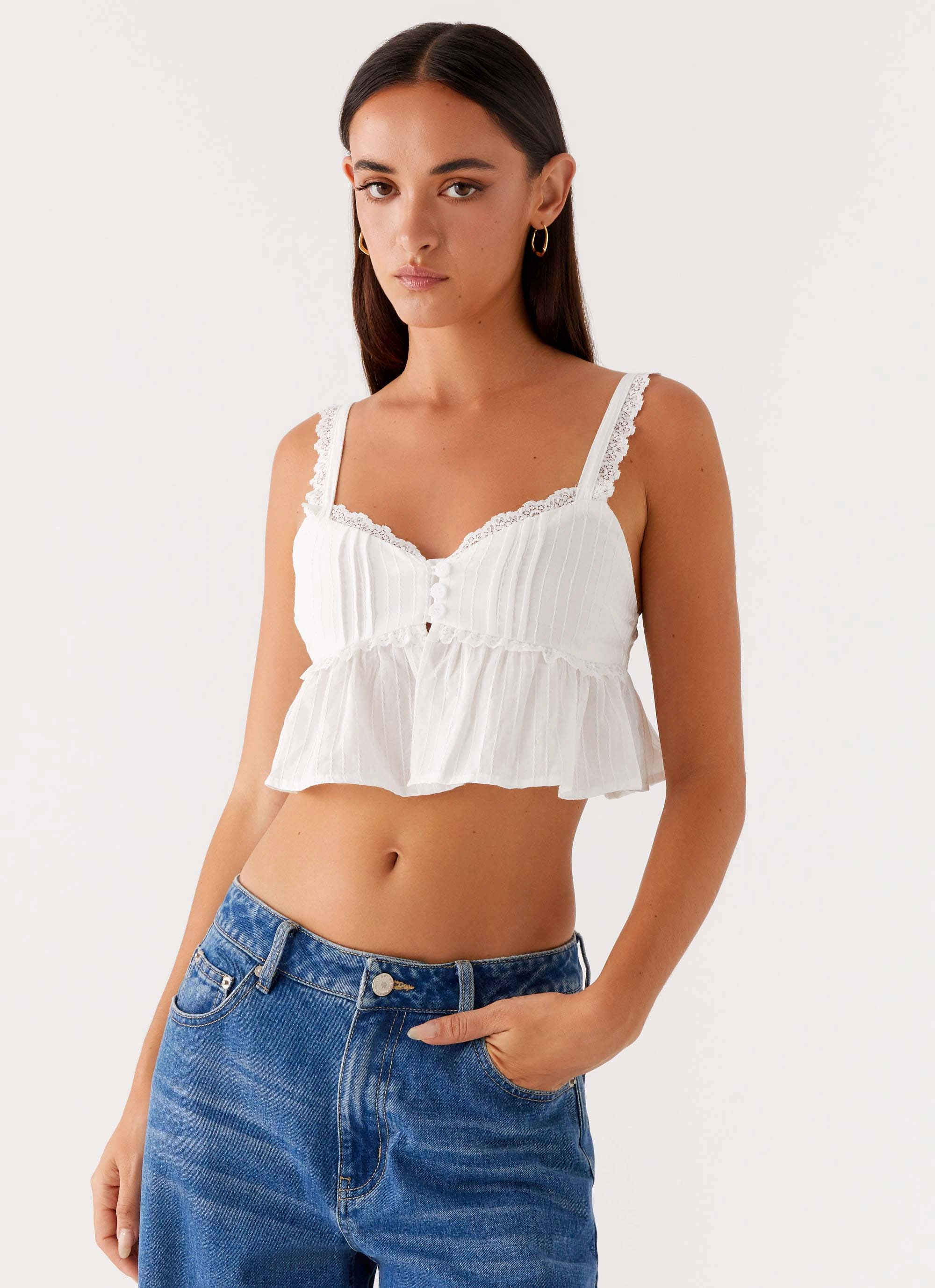 Elliana Cami Top - White Flexible Cuffs ContrastPlacket
