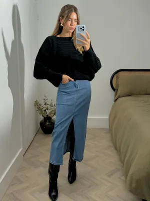 Ellis Midi Denim Skirt / Blue Clean Finish Shirred Back Ellis Midi Denim Skirt / Blue