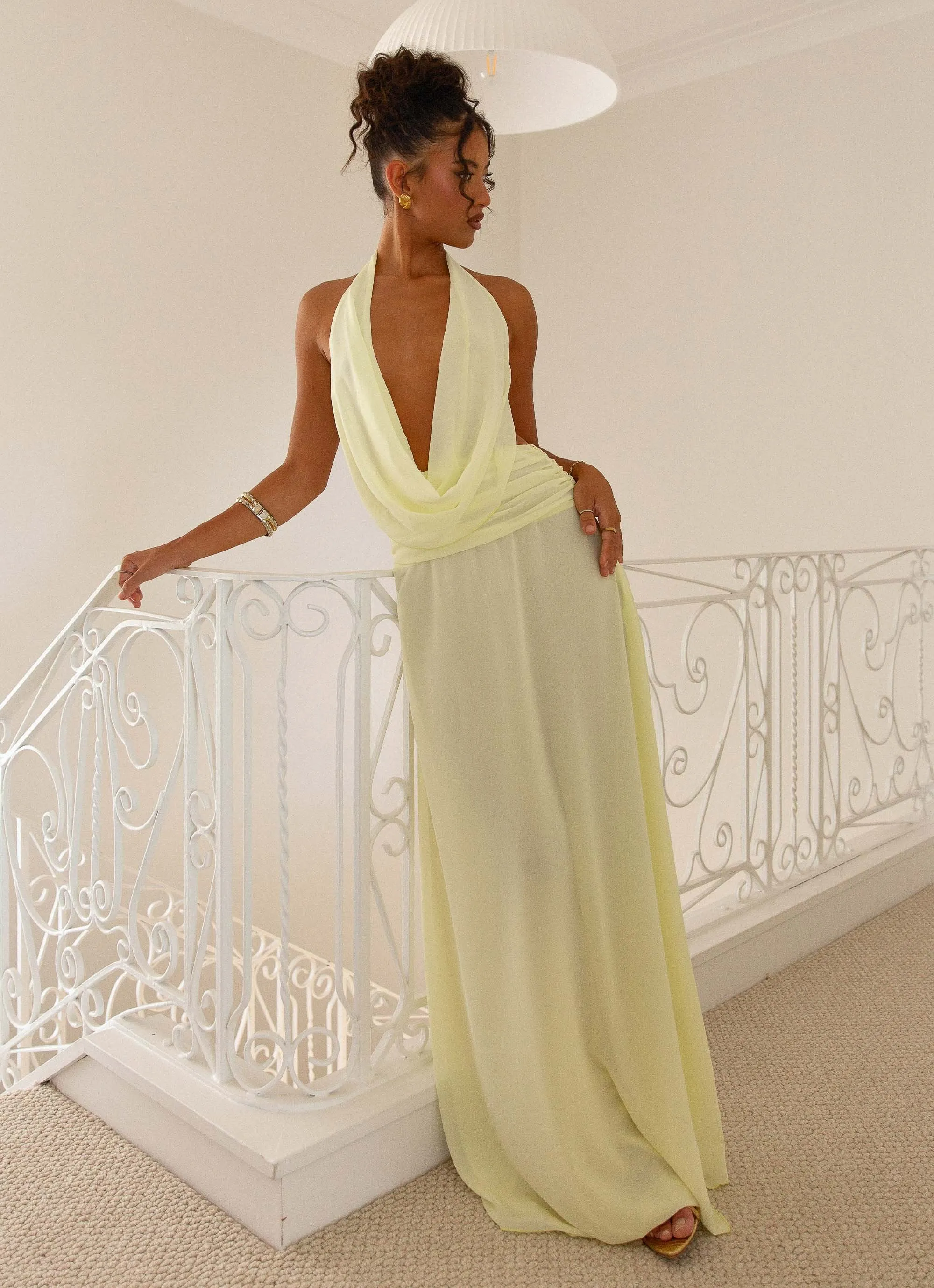 BBQ Party Yoke Design Elysia Chiffon Maxi Dress - Lemon