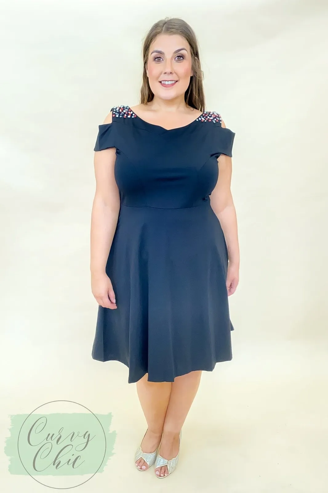 Embellished Cold Shoulder Black Plus Size Skater Dress