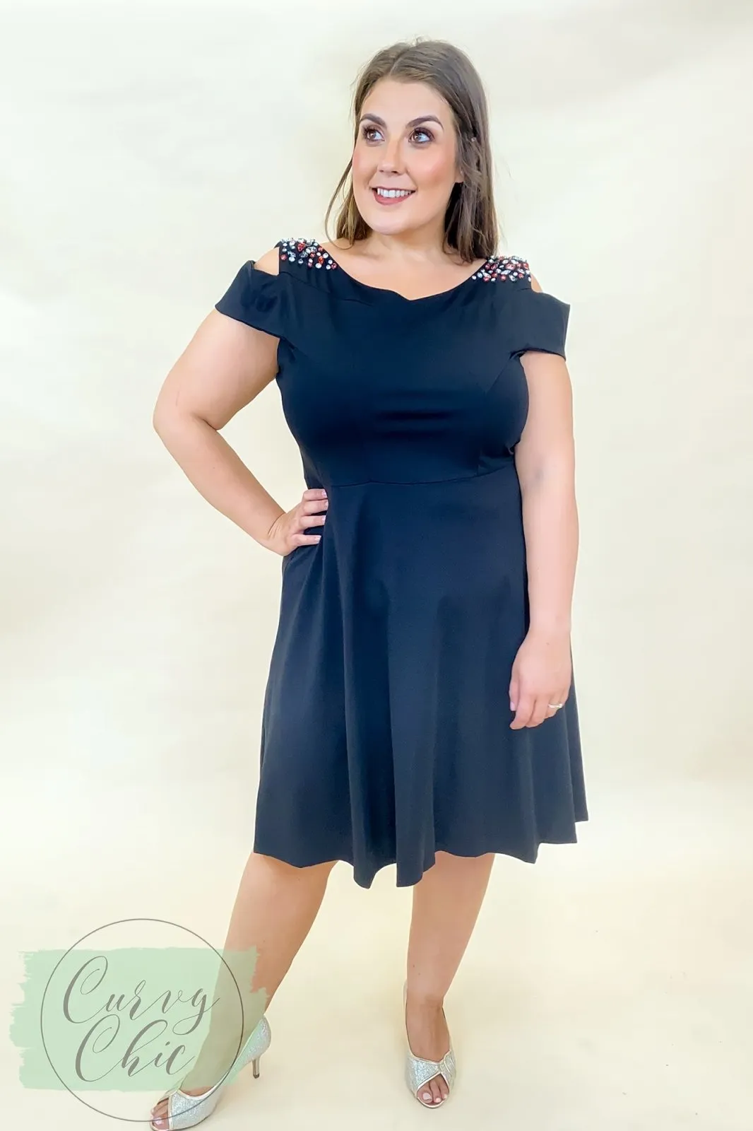Embellished Cold Shoulder Black Plus Size Skater Dress
