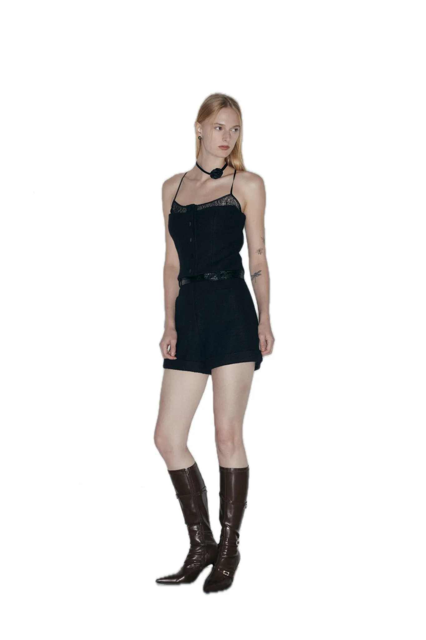 Embellished Tweed Camisole Top In Black