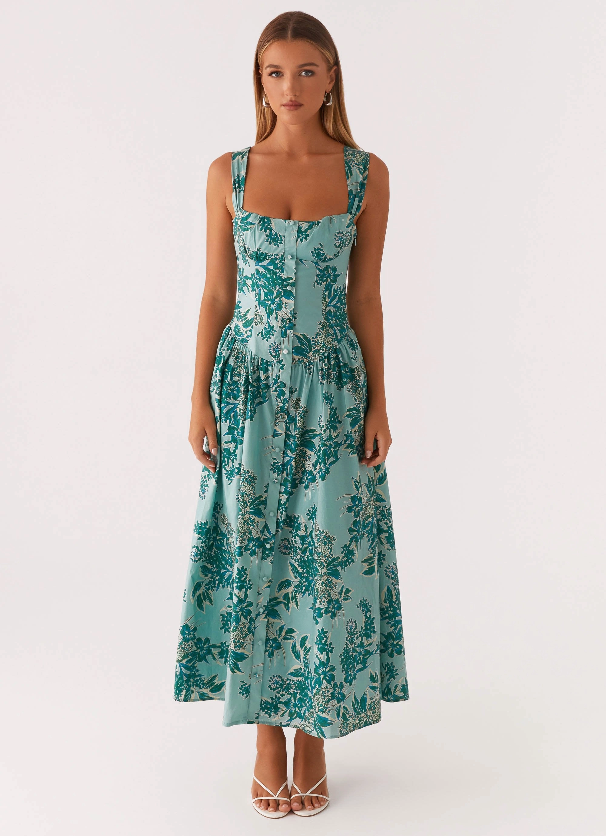 Elegant Fabric Subtle Glow Emmalina Midi Dress - Cloud Nine Floral