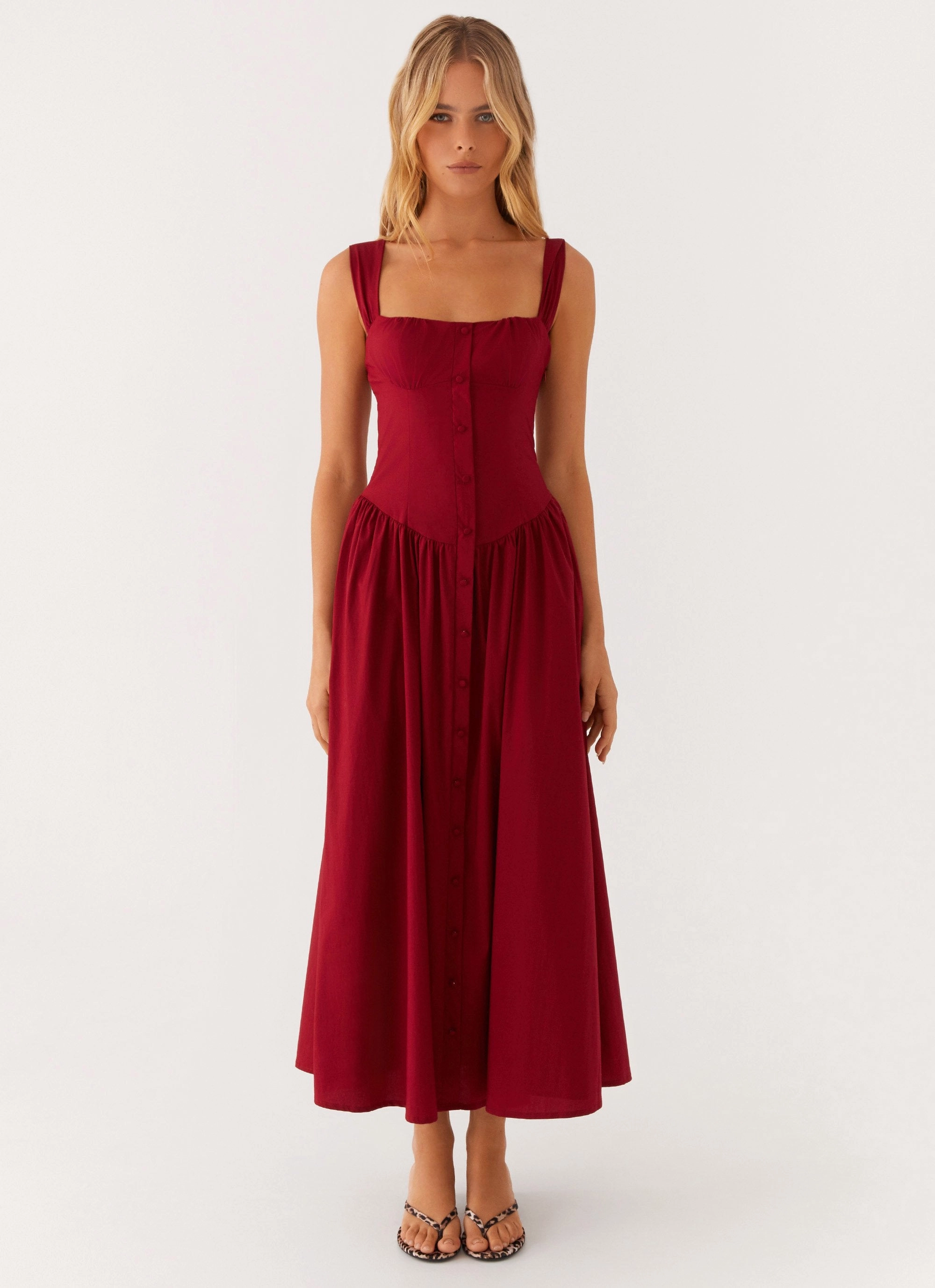 Clean Tone Fresh Style Emmalina Midi Dress - Deep Red