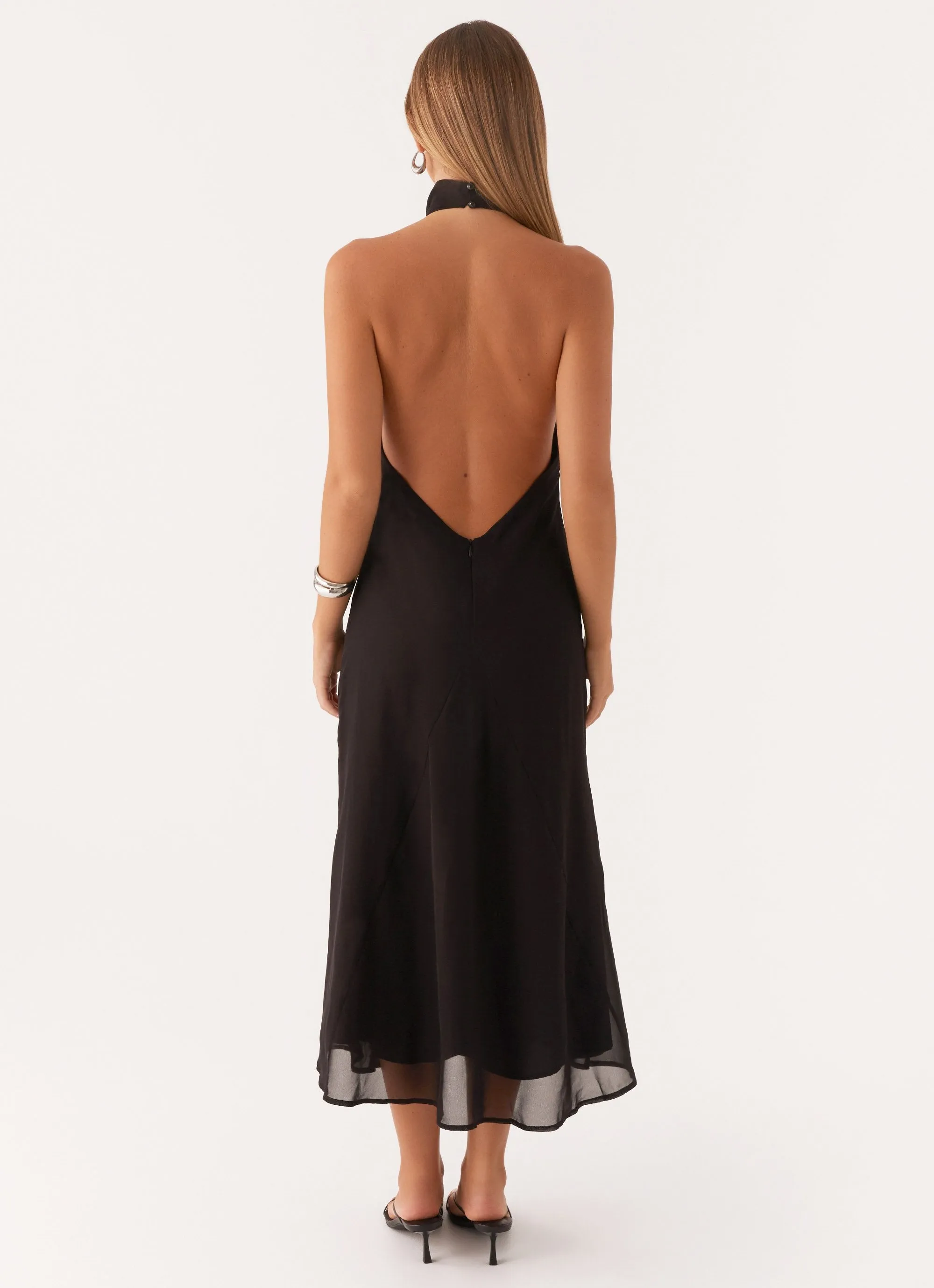 Emmalyn Midi Dress - Black Glossy Texture Tuckable Hem