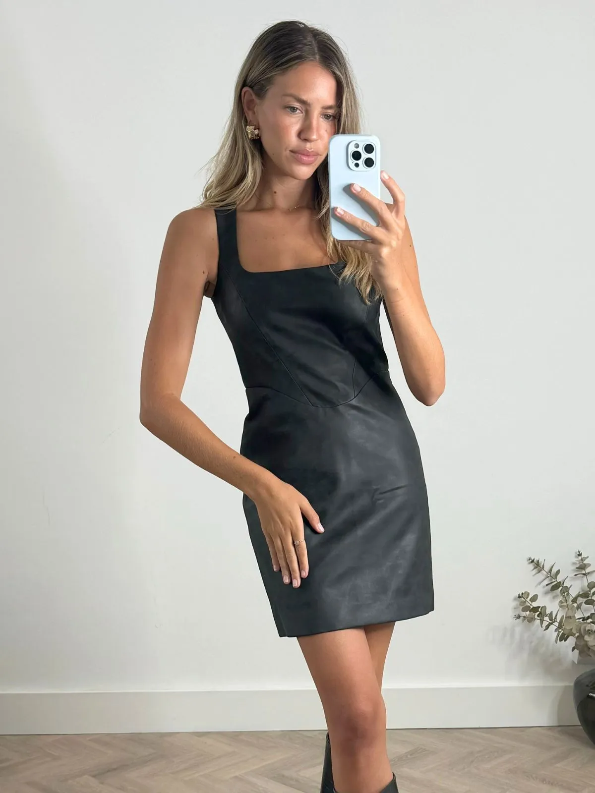 Stylish Waistband Fit Global Style Jada Square Neck PU Mini Dress in Black