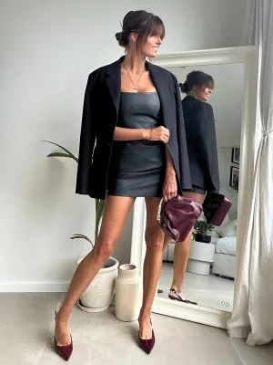 Jada Square Neck PU Mini Dress in Black Shiny Zip