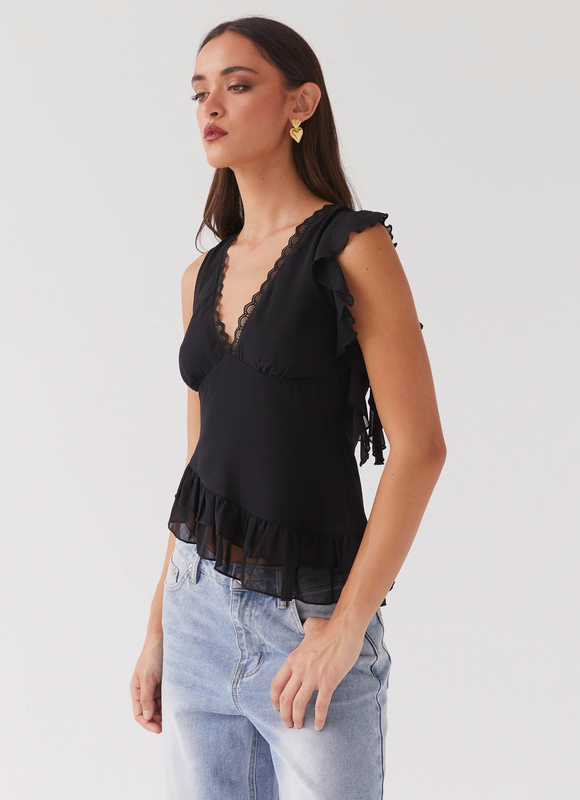 Empress Frill Trim Top - Black Soft Touch Lining Simple Urban Layer
