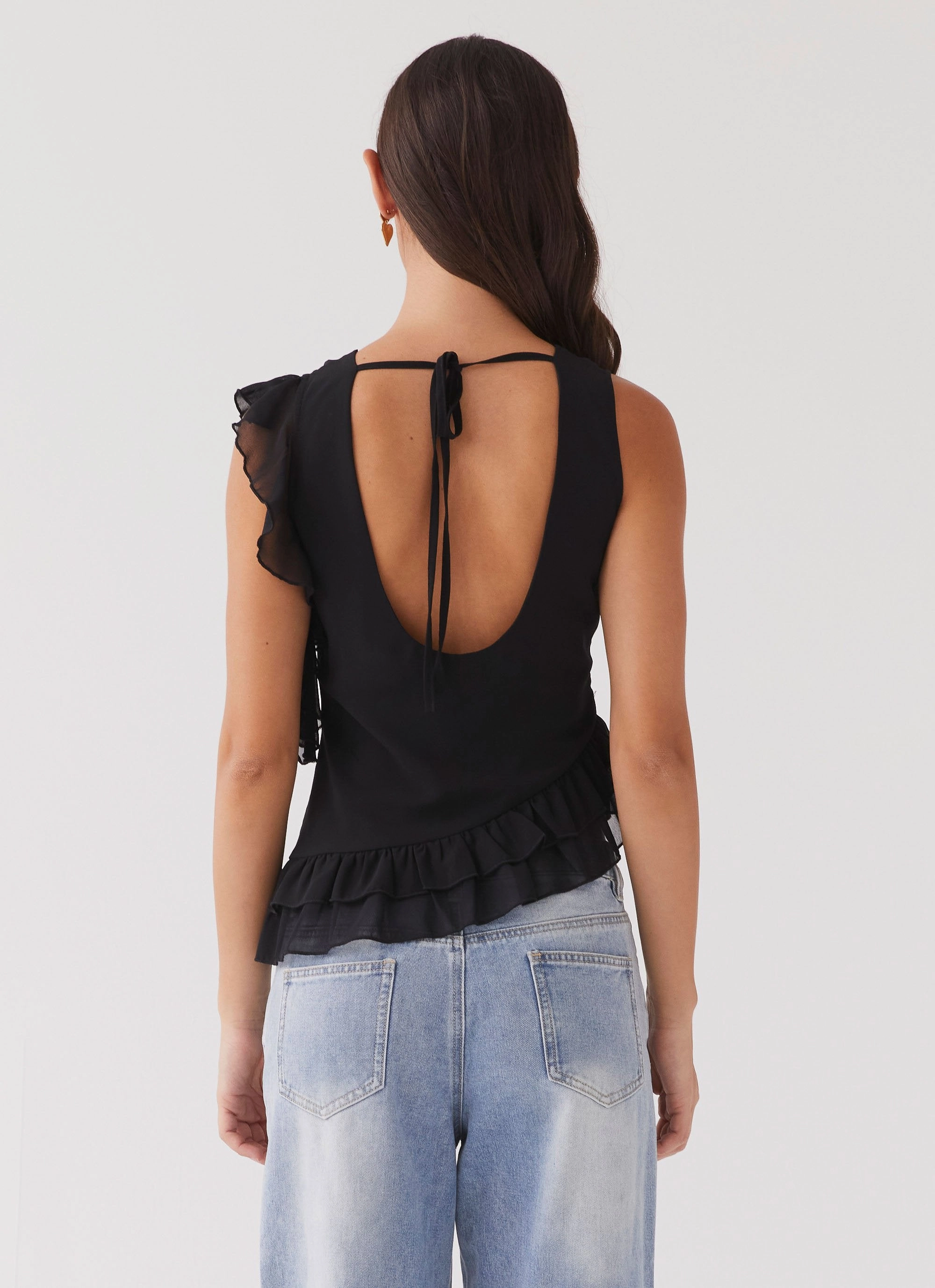 Logo Free Style Empress Frill Trim Top - Black