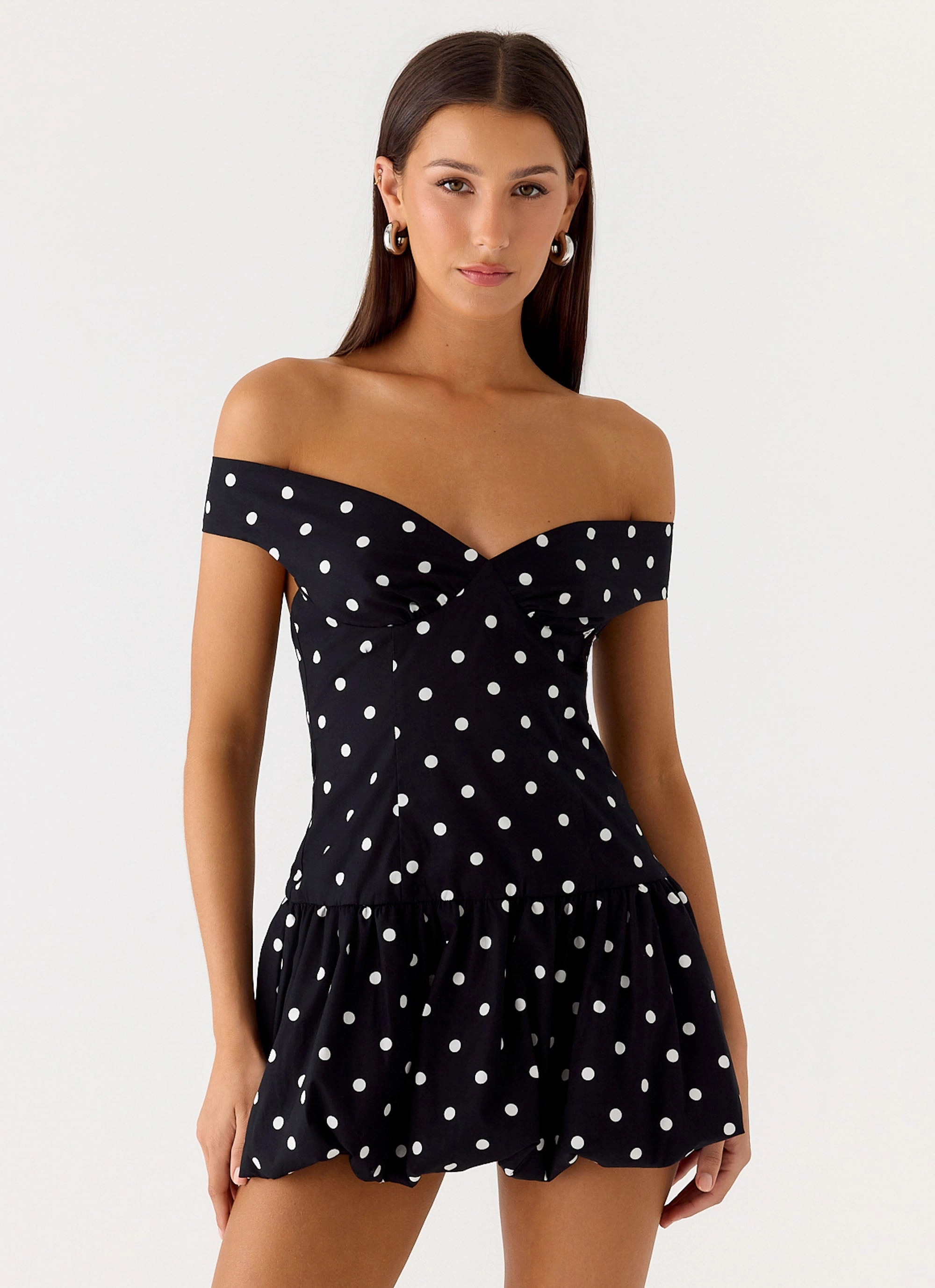 Family Glow Endless Romance Off Shoulder Mini Dress - Black Polkadot