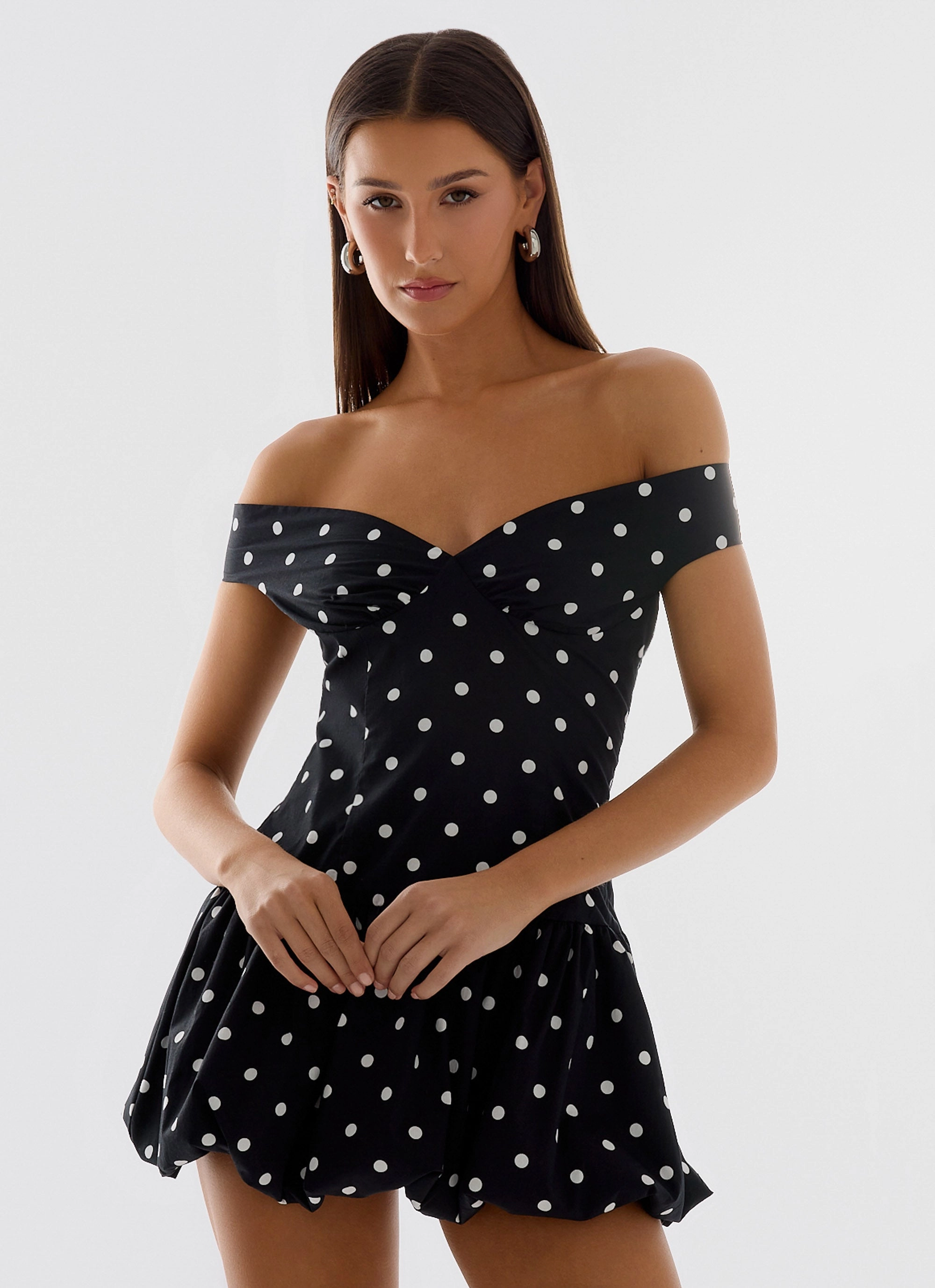 Endless Romance Off Shoulder Mini Dress - Black Polkadot Natural Style Visual Balance
