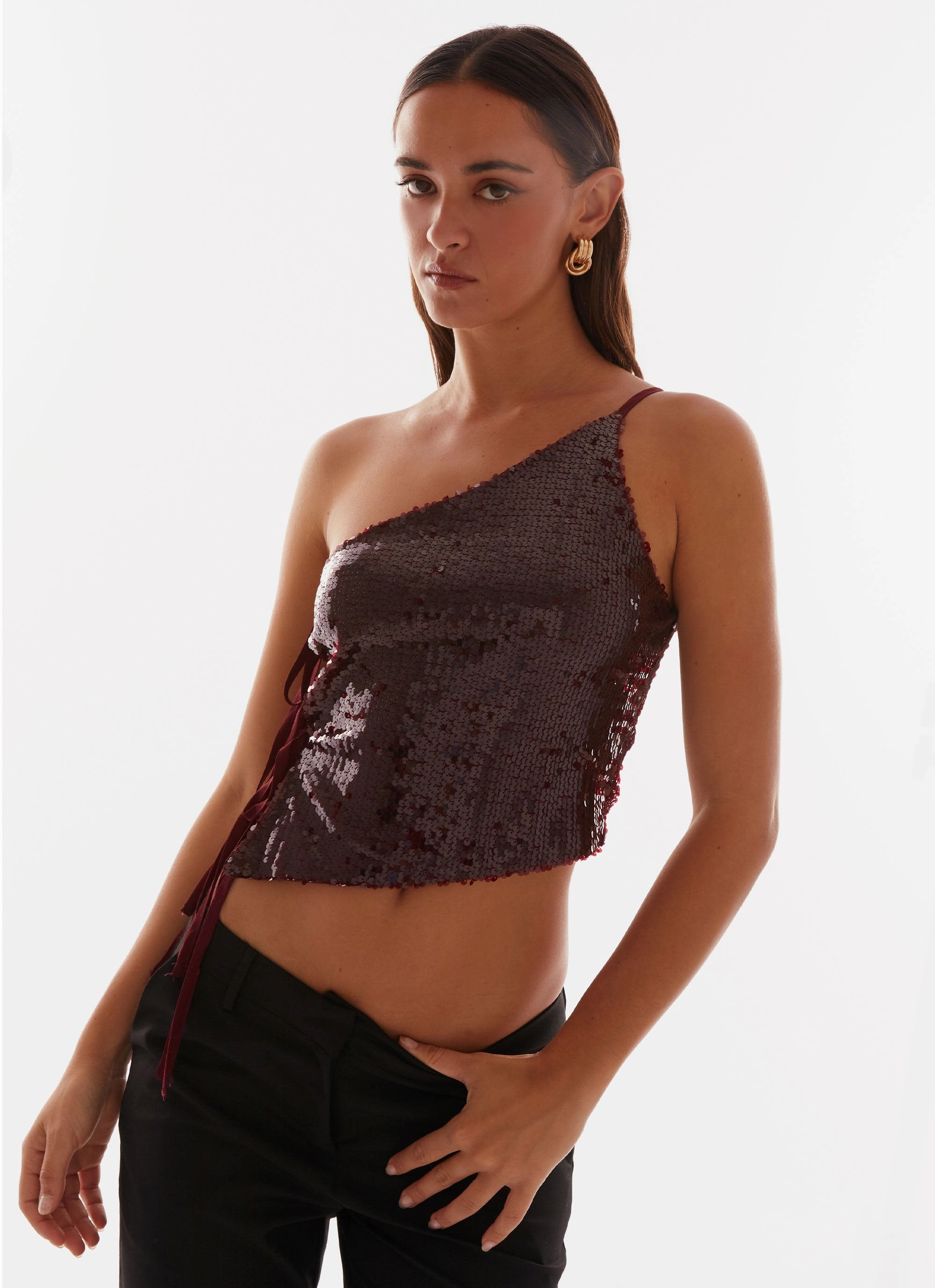 Cosmopolitan One Shoulder Top - Maroon Thermo Regulating Fabric