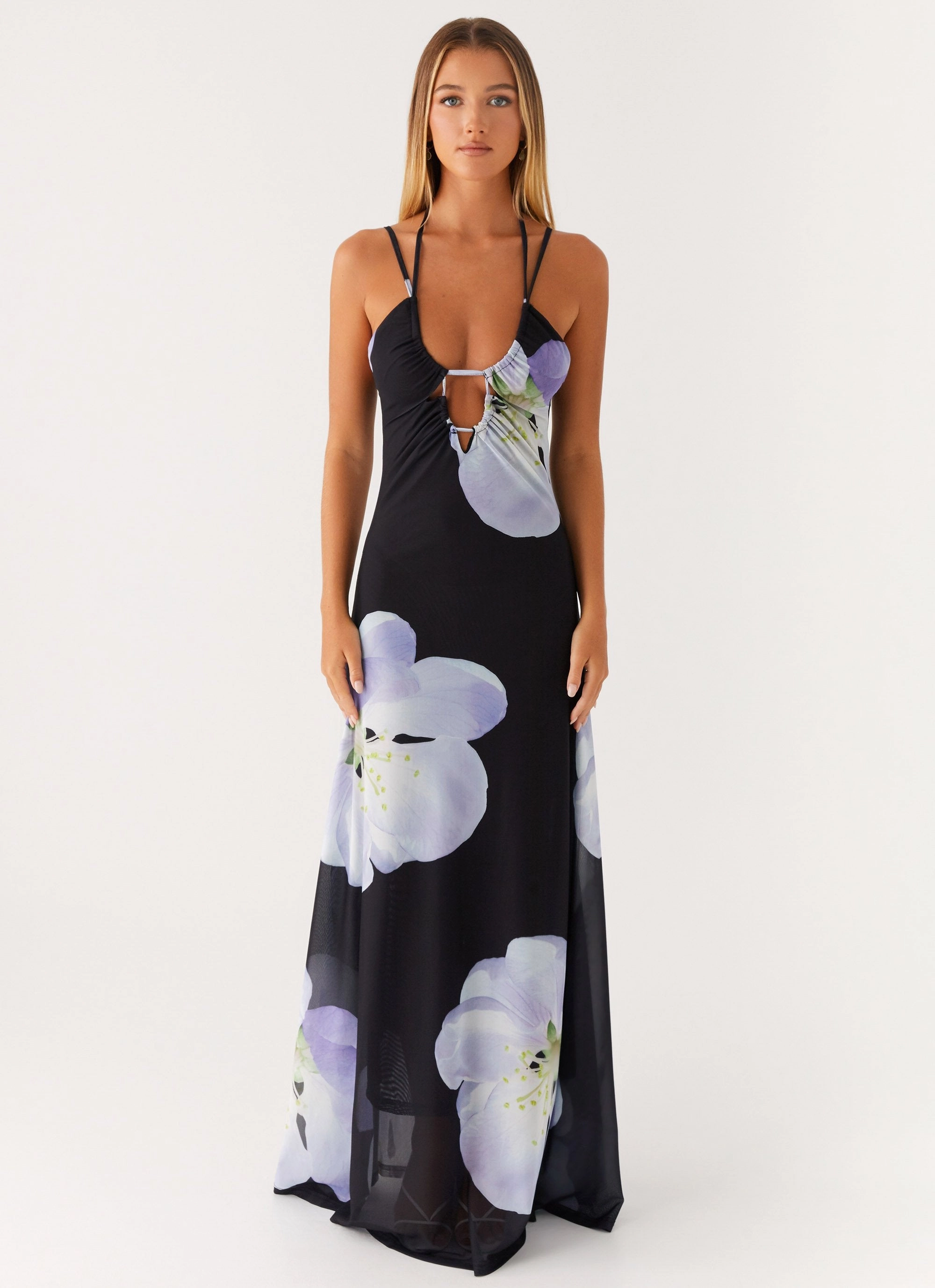 Embroidered-Sleeve Enrika Maxi Dress - Flower Print