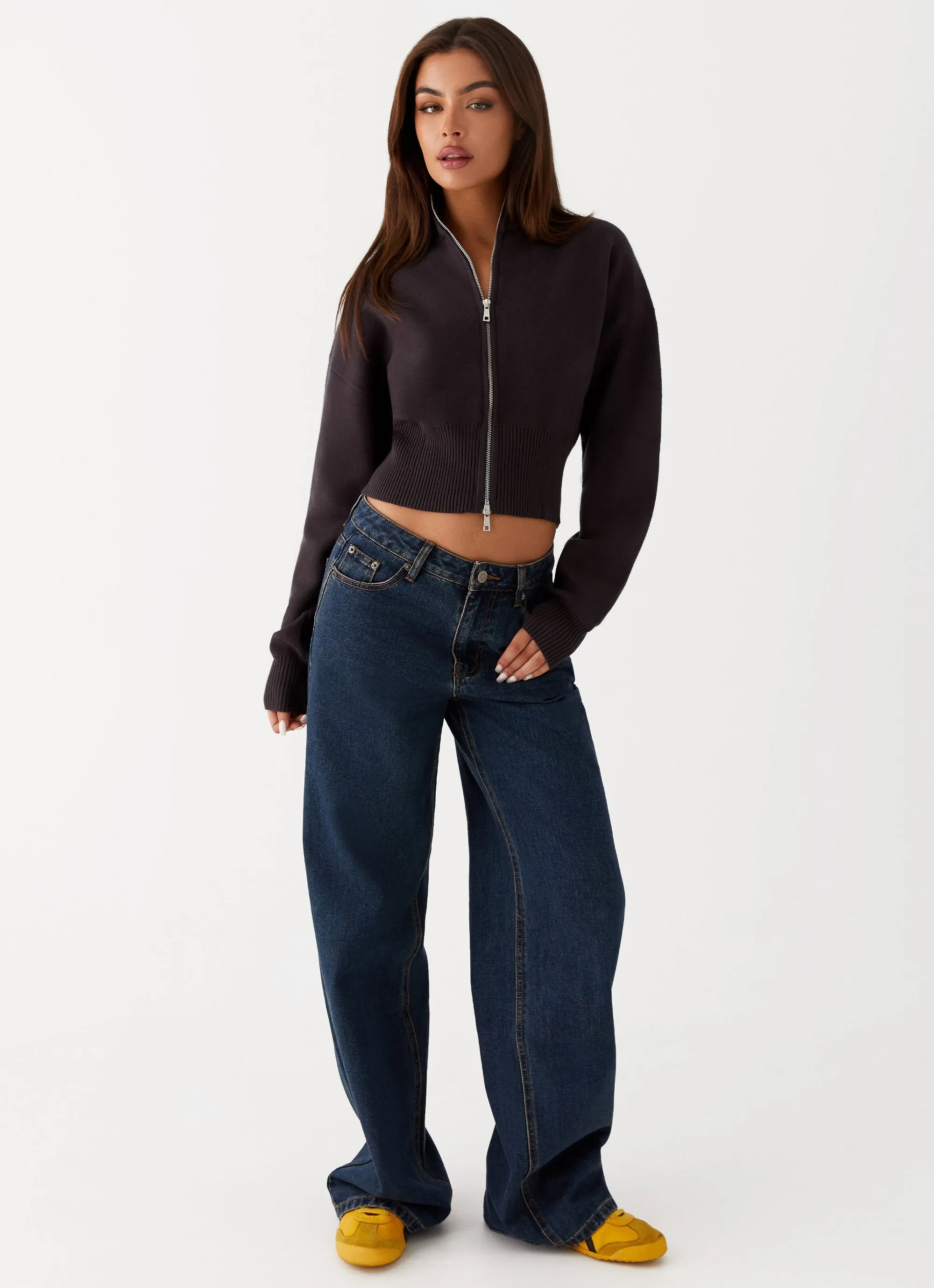 Earthy Tone Colorways Episode High Neck Cardigan - Charcoal