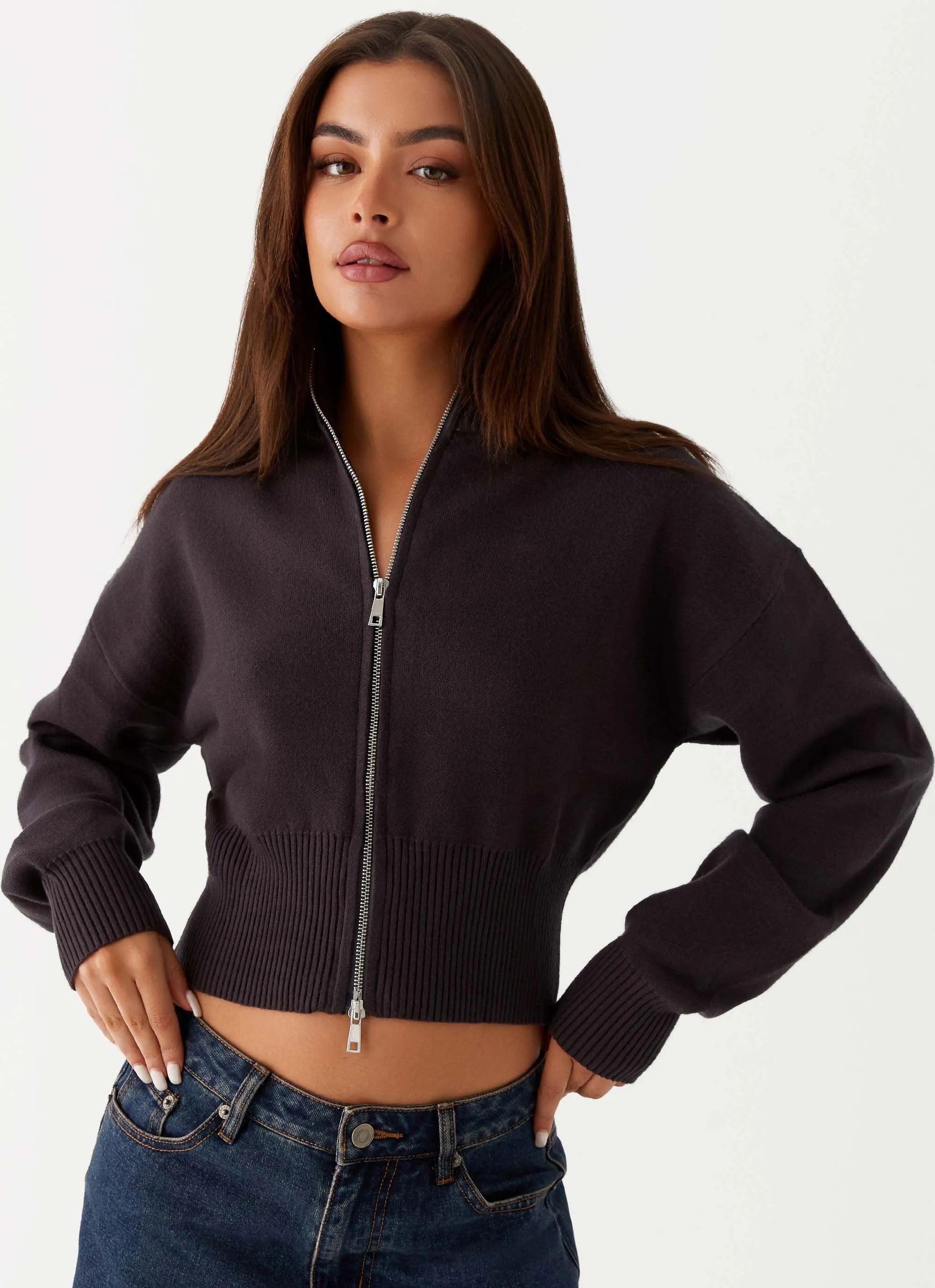 Episode High Neck Cardigan - Charcoal NonChafingEdges Soft Texture