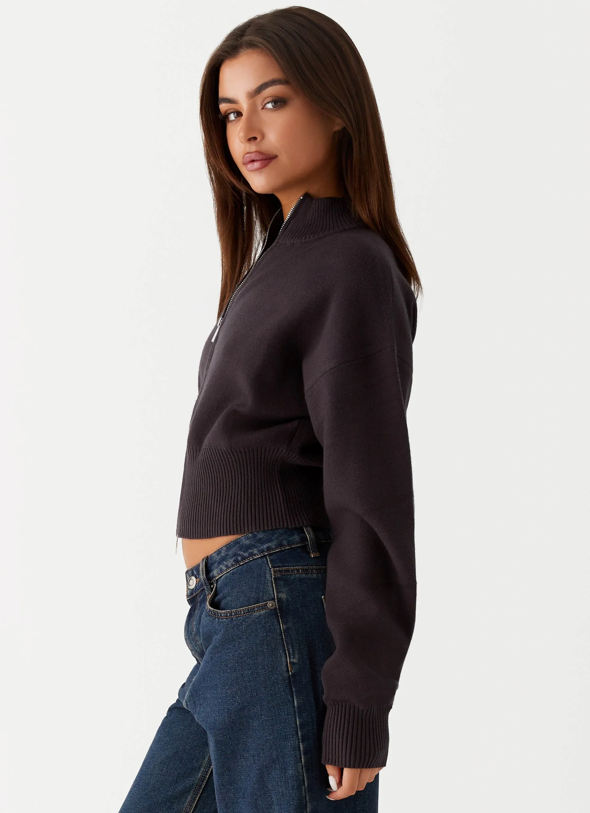 Ventilated Back Panels Episode High Neck Cardigan - Charcoal