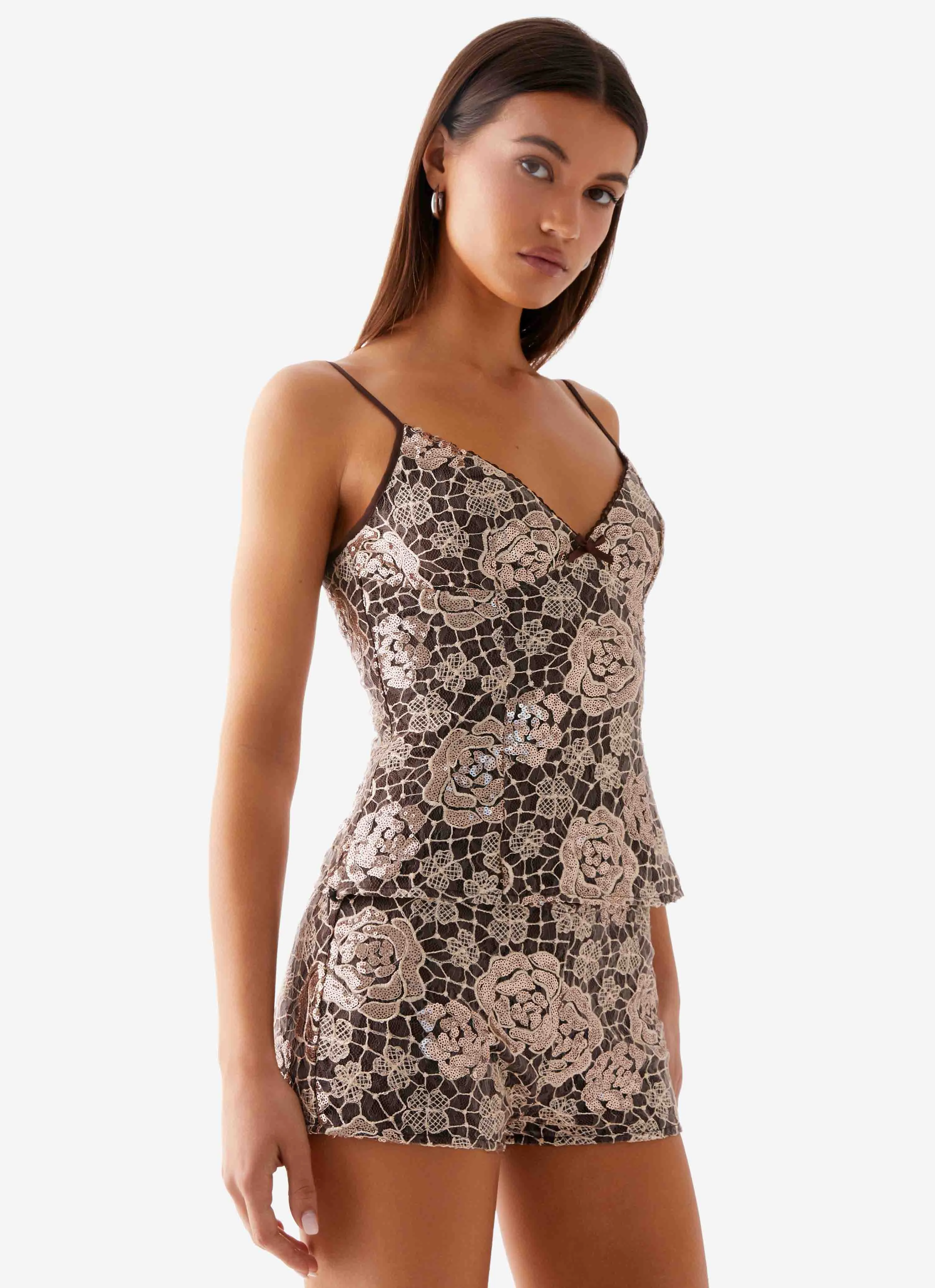 AllDay Comfort Tech Apolina Sequin Cami Top - Chocolate