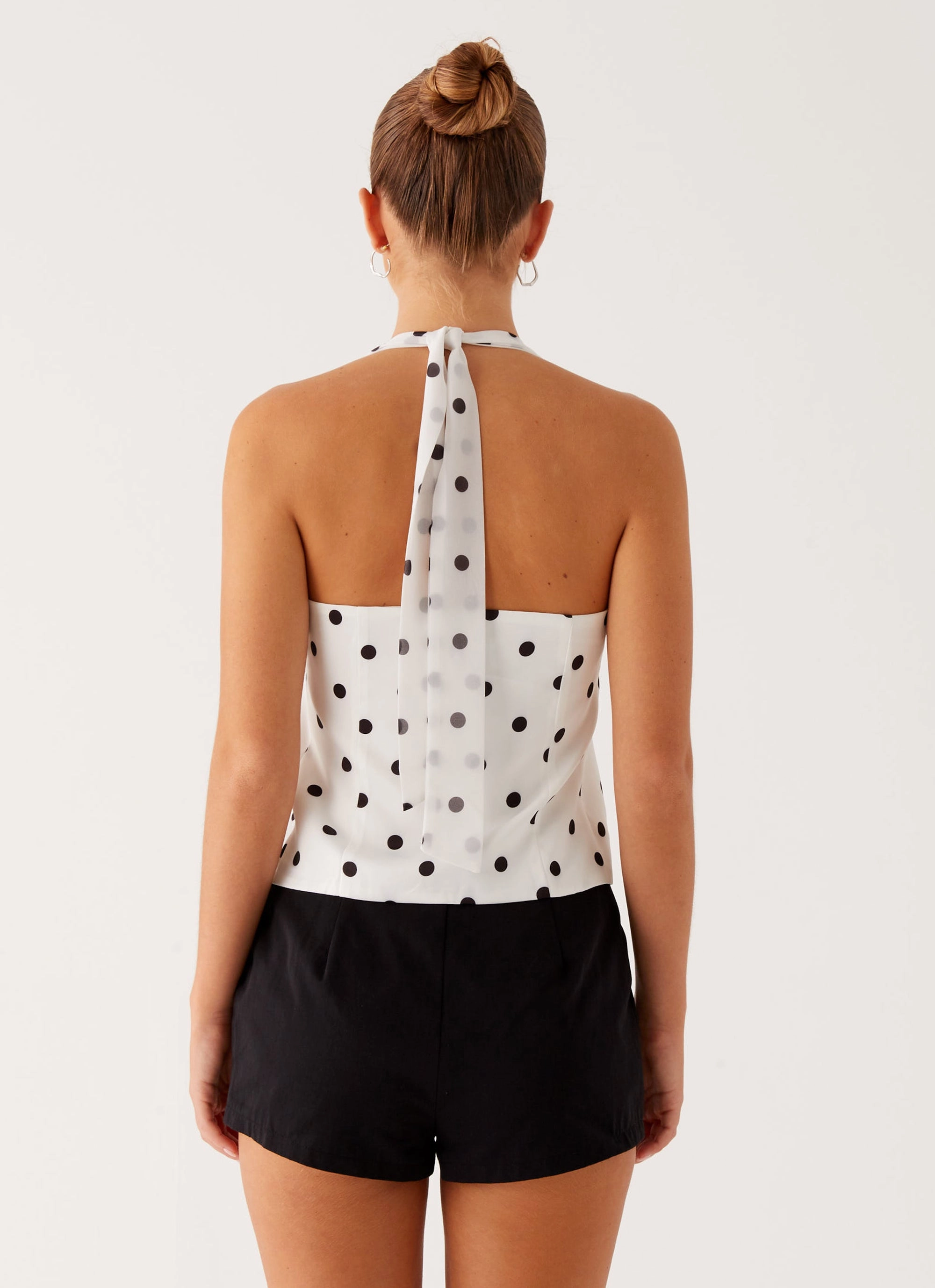 VentilatedArmholes Reinforced Shoulder Lets Pretend Halterneck Top - White Polka Dot